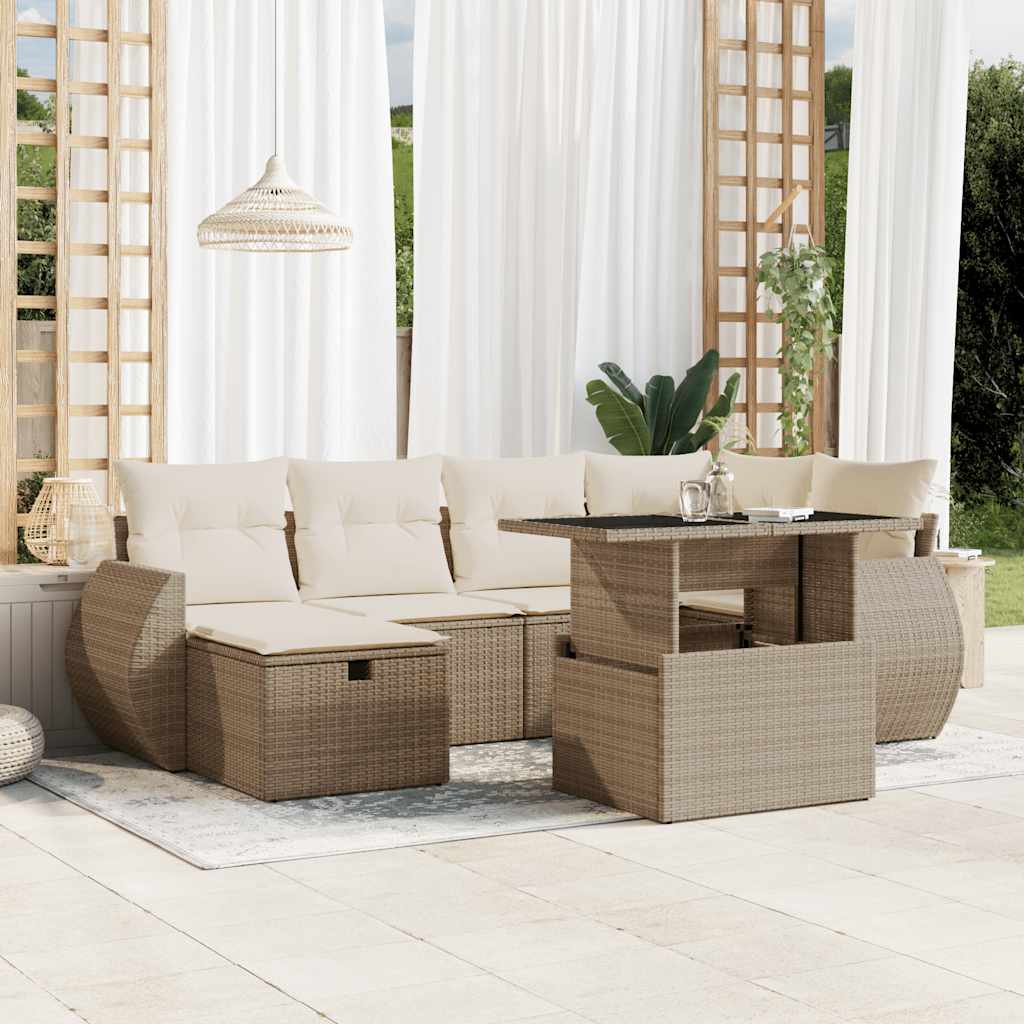 7 Pcs conjunto de sofás p/ jardim com almofadões vime PE bege