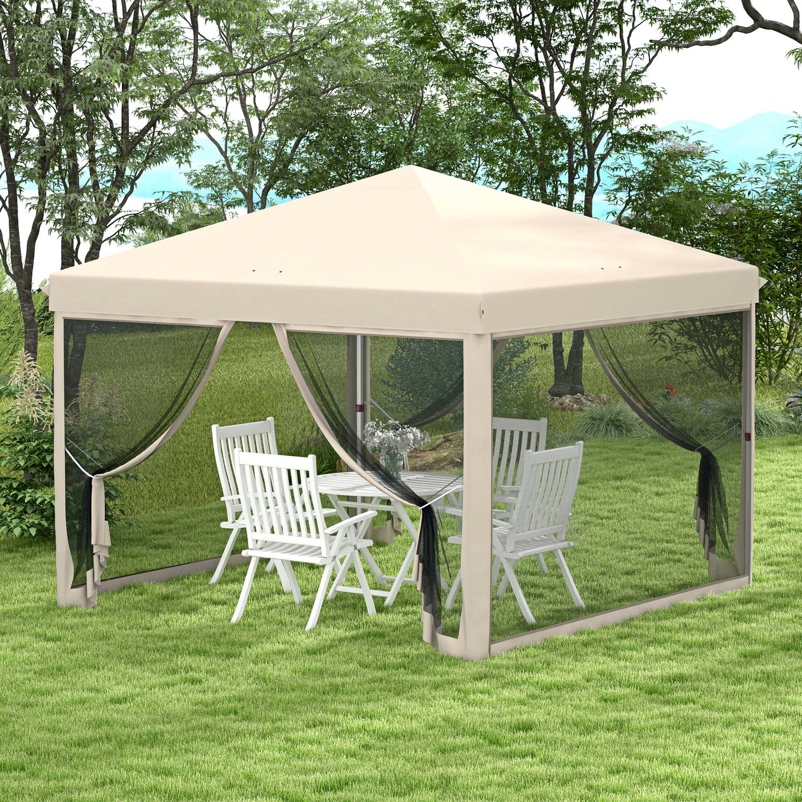 Tenda dobrável 3x3 para exterior com mosquiteiras bolsa de transporte estrutura de aço e tecido oxford resistente bege