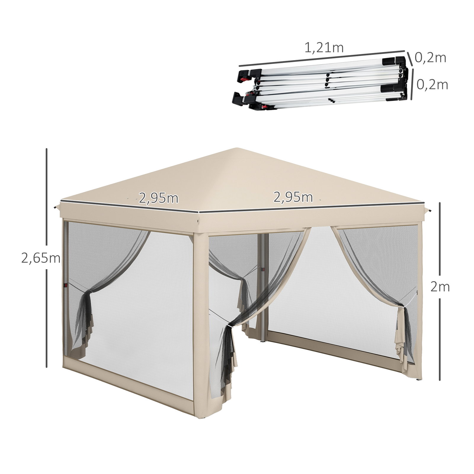 Tenda dobrável 3x3 para exterior com mosquiteiras bolsa de transporte estrutura de aço e tecido oxford resistente bege