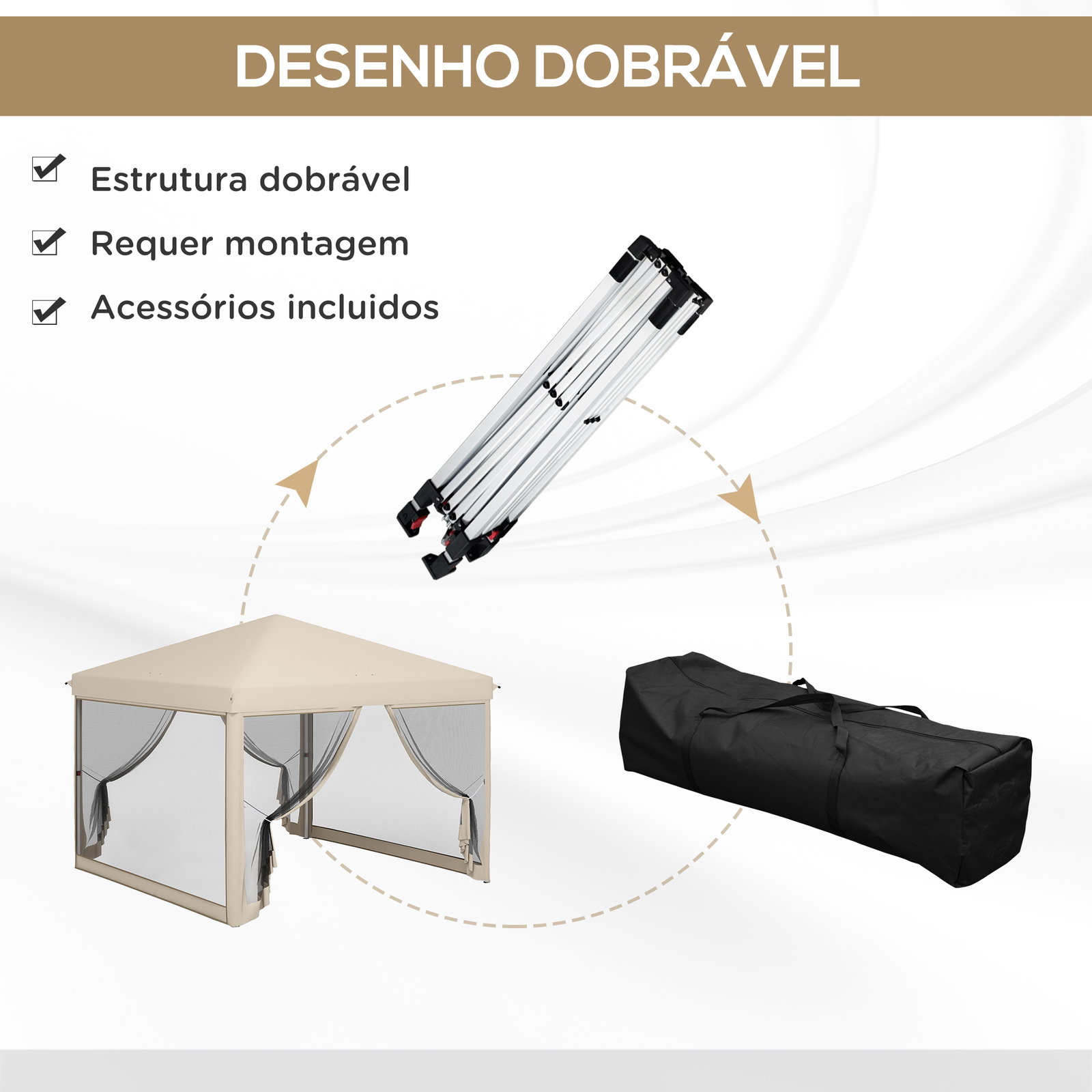 Tenda dobrável 3x3 para exterior com mosquiteiras bolsa de transporte estrutura de aço e tecido oxford resistente bege