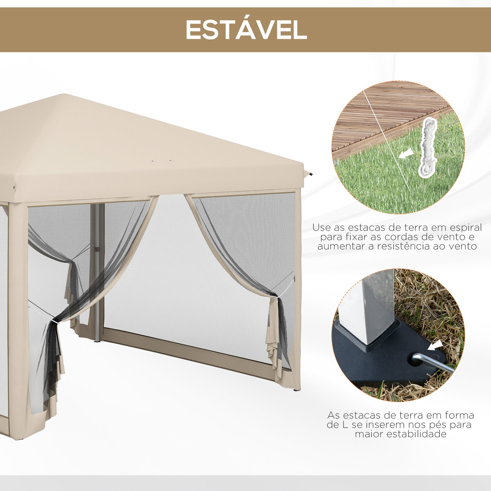 Tenda dobrável 3x3 para exterior com mosquiteiras bolsa de transporte estrutura de aço e tecido oxford resistente bege