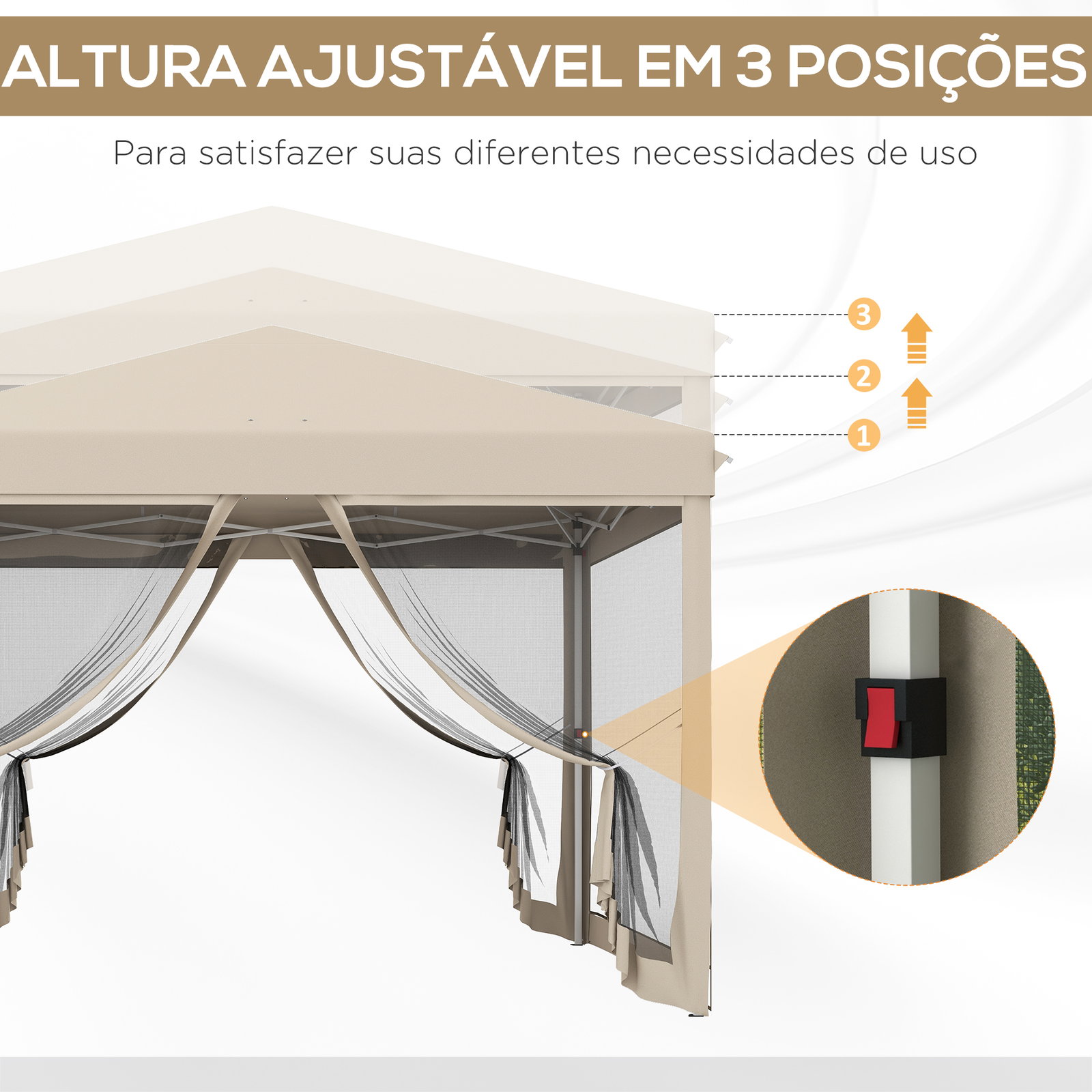 Tenda dobrável 3x3 para exterior com mosquiteiras bolsa de transporte estrutura de aço e tecido oxford resistente bege