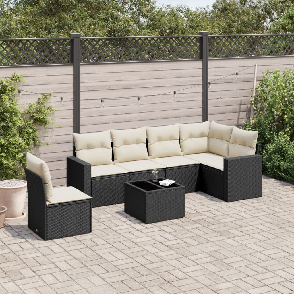 7 Pcs conjunto de sofás p/ jardim c/ almofadões vime PE preto
