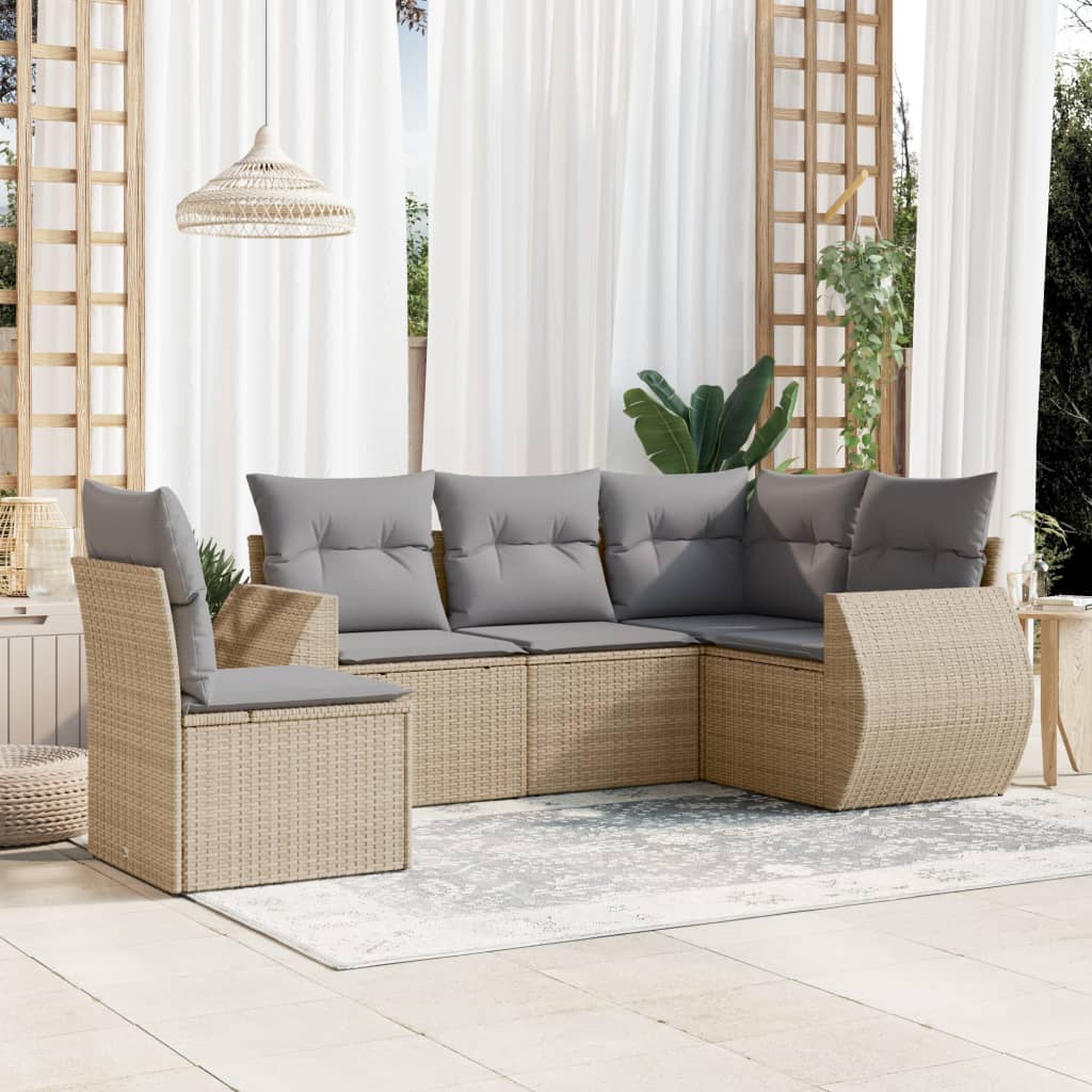 5 Pcs conjunto de sofás p/ jardim com almofadões vime PE bege