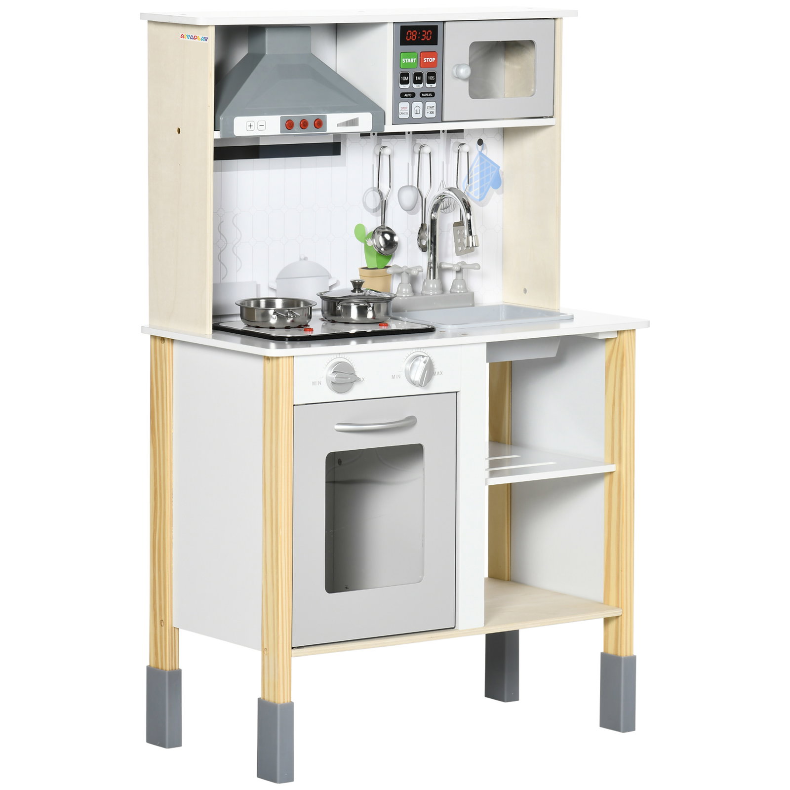 Cozinha infantil de madeira cozinha para crianças acima de 3 anos com altura ajustável luz sons 60x30,5x93,2cm branco e cinza