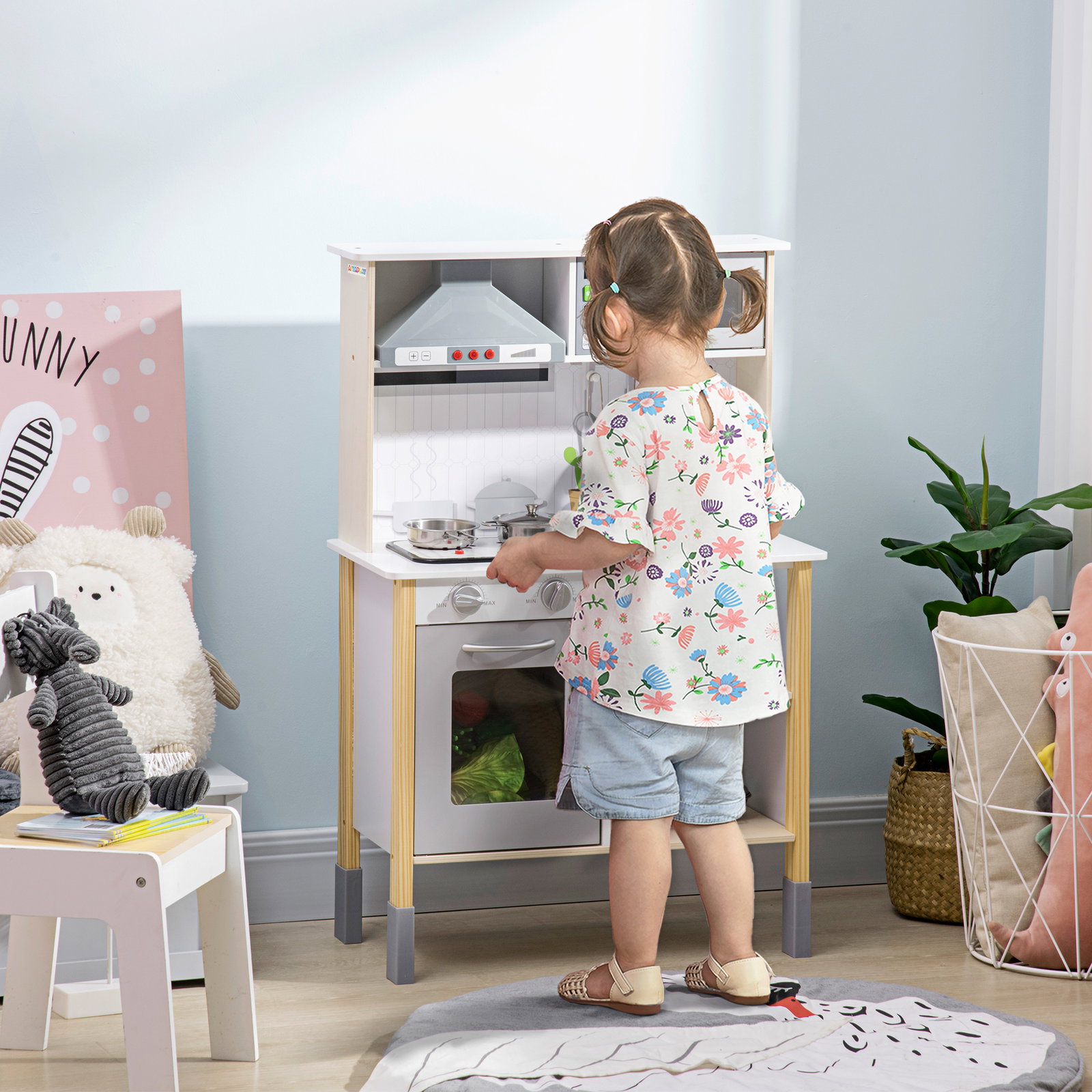 Cozinha infantil de madeira cozinha para crianças acima de 3 anos com altura ajustável luz sons 60x30,5x93,2cm branco e cinza