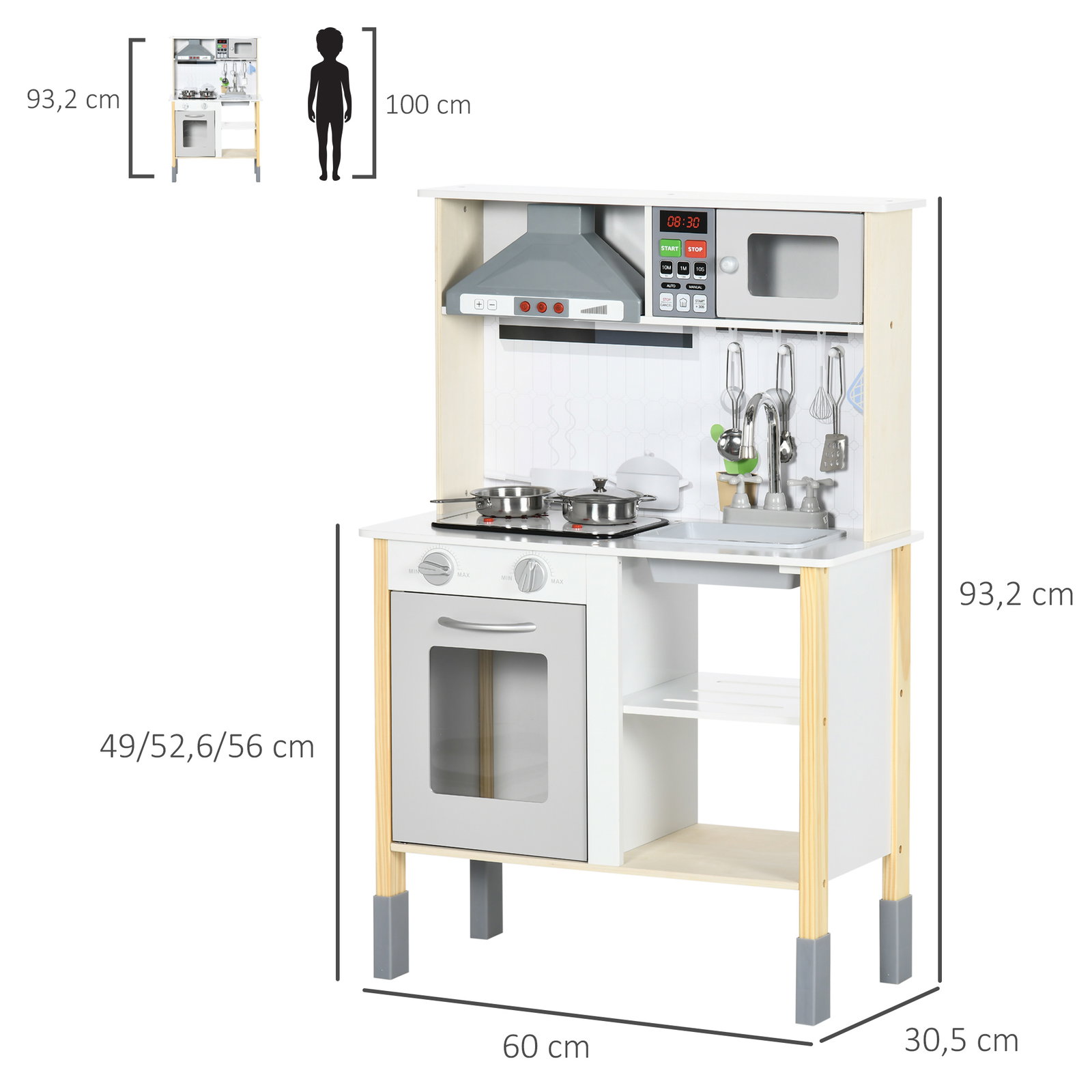 Cozinha infantil de madeira cozinha para crianças acima de 3 anos com altura ajustável luz sons 60x30,5x93,2cm branco e cinza