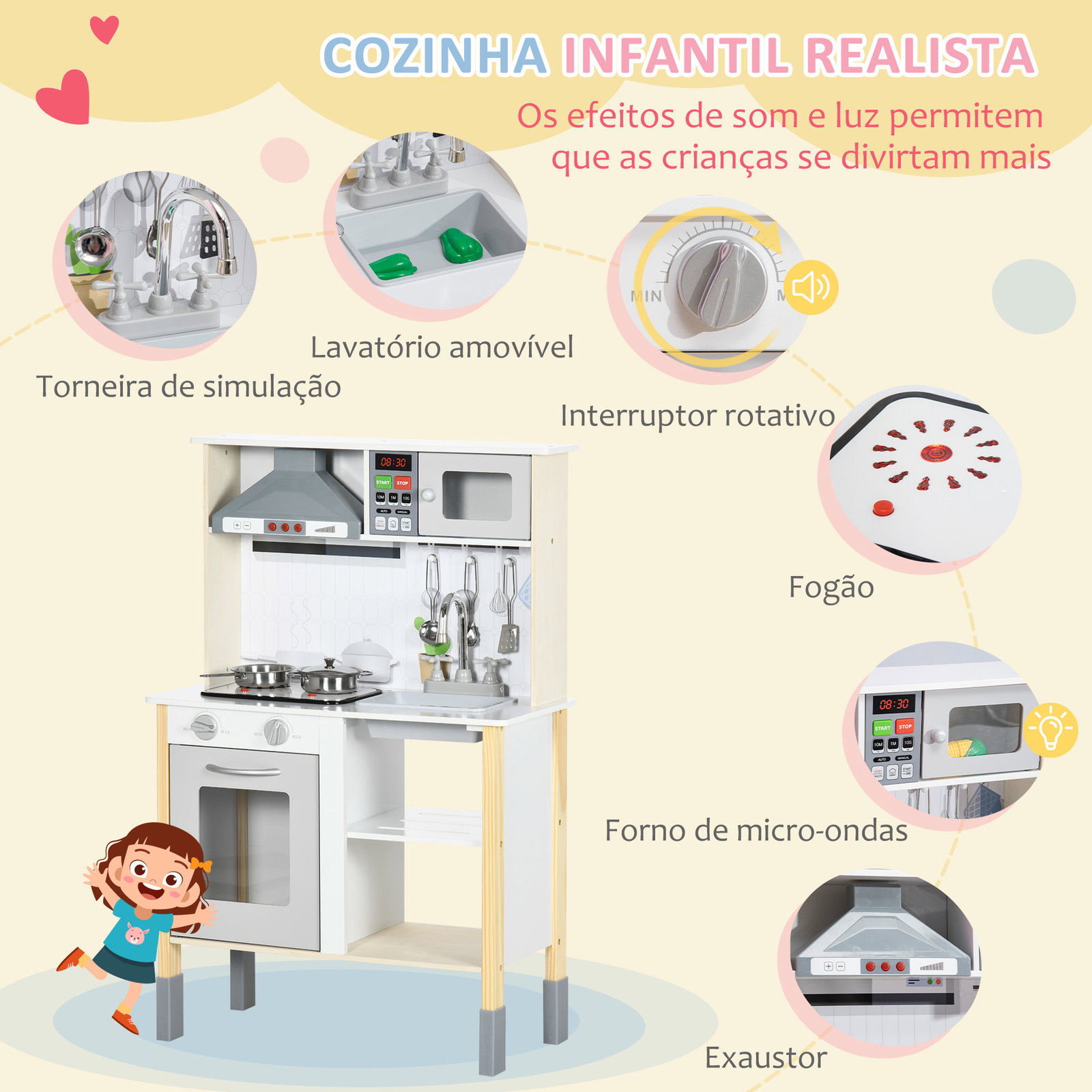 Cozinha infantil de madeira cozinha para crianças acima de 3 anos com altura ajustável luz sons 60x30,5x93,2cm branco e cinza