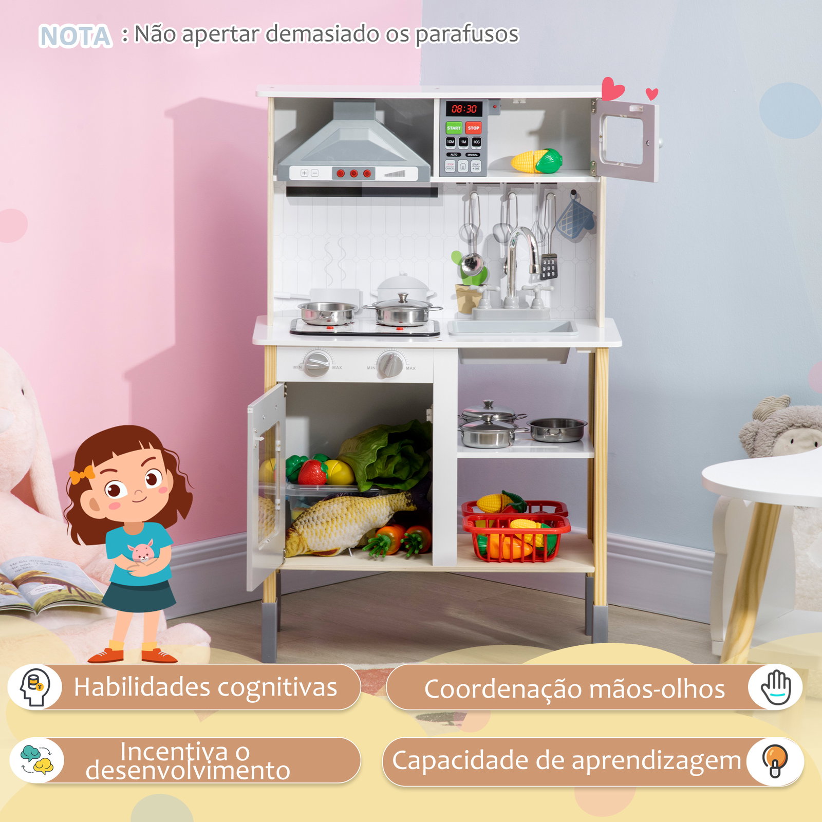 Cozinha infantil de madeira cozinha para crianças acima de 3 anos com altura ajustável luz sons 60x30,5x93,2cm branco e cinza