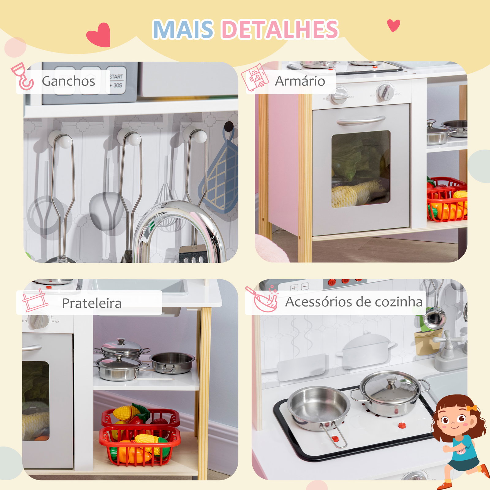 Cozinha infantil de madeira cozinha para crianças acima de 3 anos com altura ajustável luz sons 60x30,5x93,2cm branco e cinza
