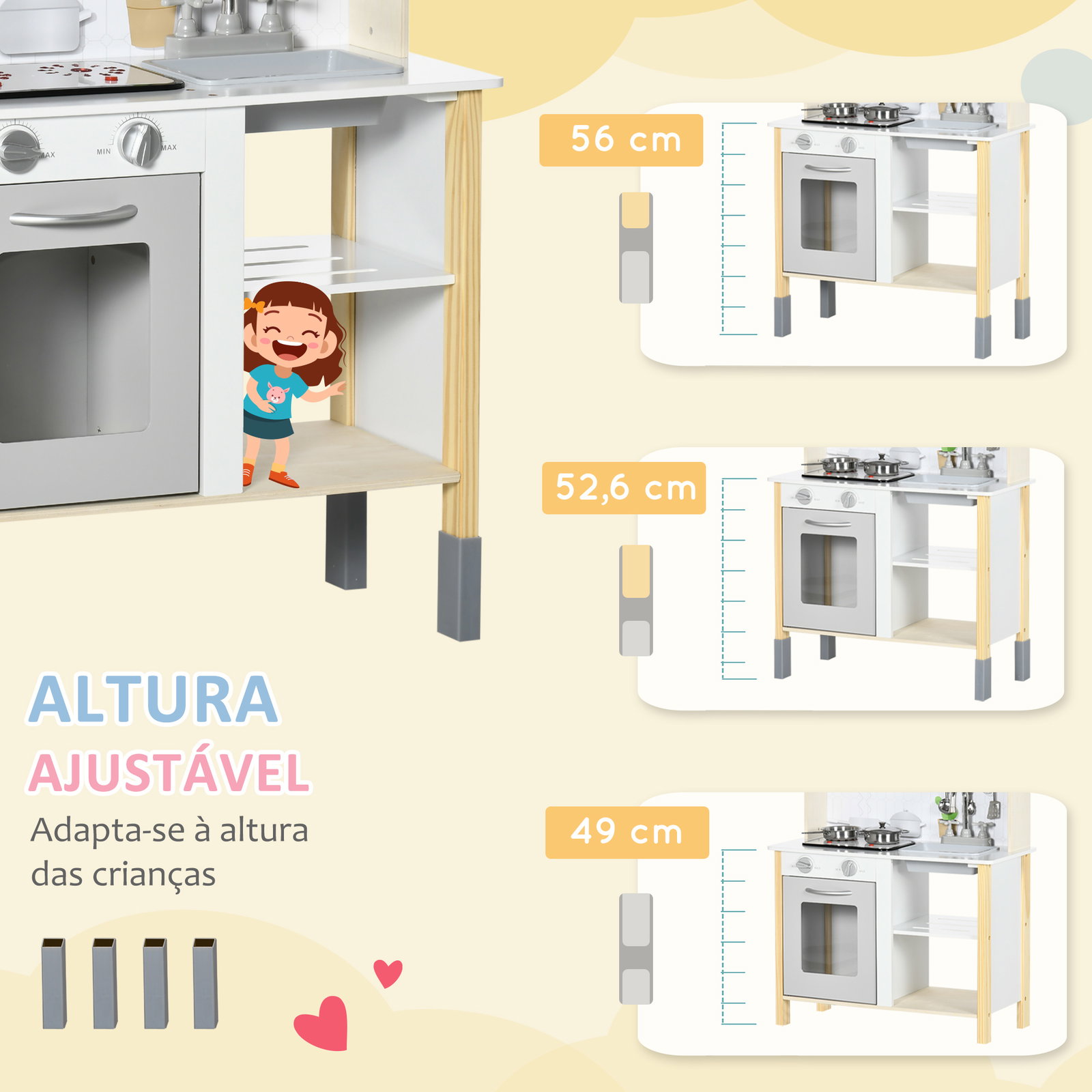 Cozinha infantil de madeira cozinha para crianças acima de 3 anos com altura ajustável luz sons 60x30,5x93,2cm branco e cinza