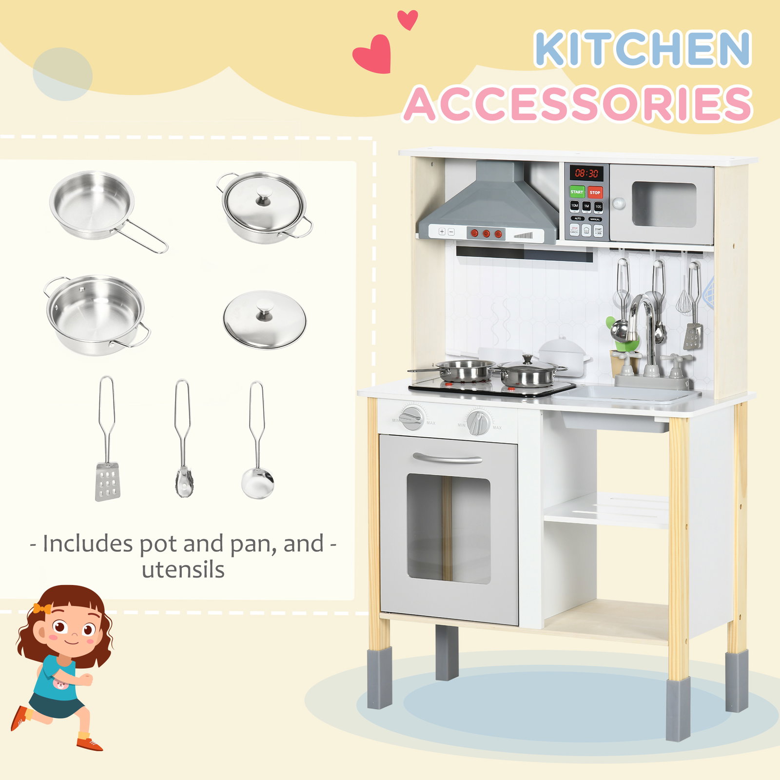Cozinha infantil de madeira cozinha para crianças acima de 3 anos com altura ajustável luz sons 60x30,5x93,2cm branco e cinza
