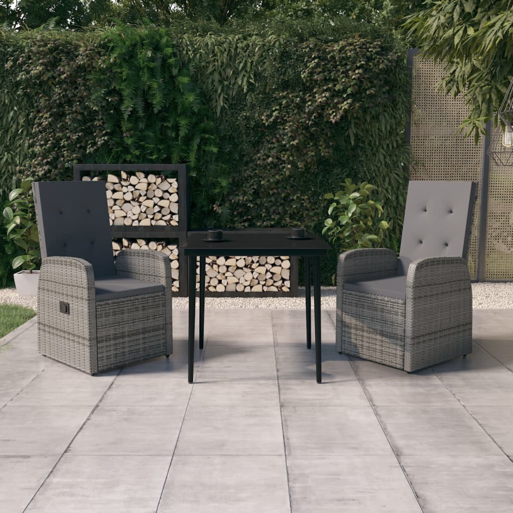 3 Pcs conjunto de jantar para jardim com almofadões cinzento