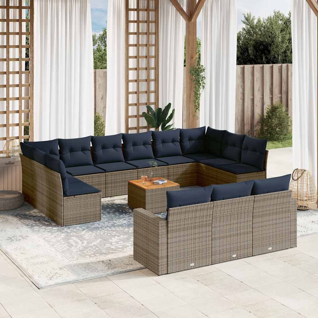 14 Pcs conjunto sofás p/ jardim c/ almofadões vime PE cinzento