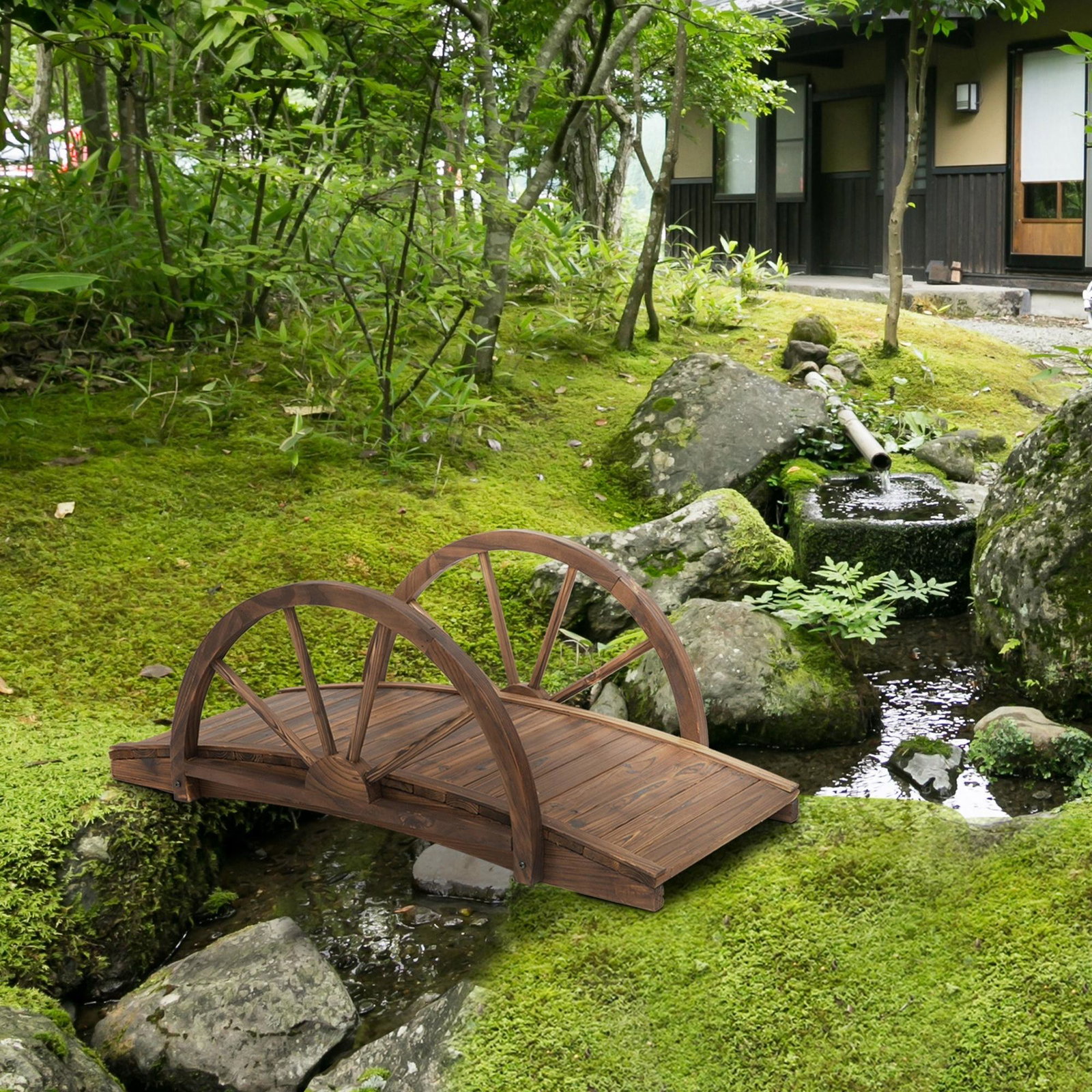 Ponte de Madeira para Jardim Ponte Decorativa com Corrimão em Forma de Meia Roda 100x50x37 cm Marrom