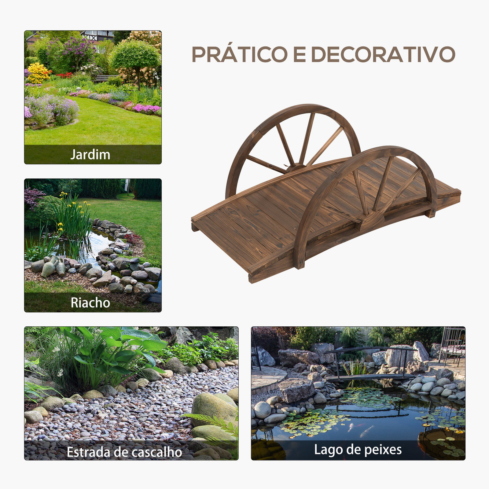 Ponte de Madeira para Jardim Ponte Decorativa com Corrimão em Forma de Meia Roda 100x50x37 cm Marrom