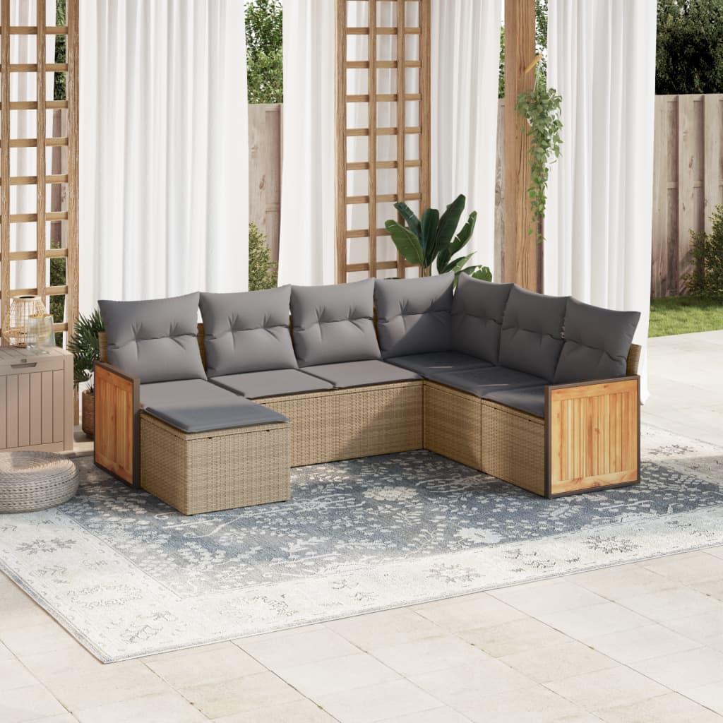 7 Pcs conjunto de sofás p/ jardim com almofadões vime PE bege