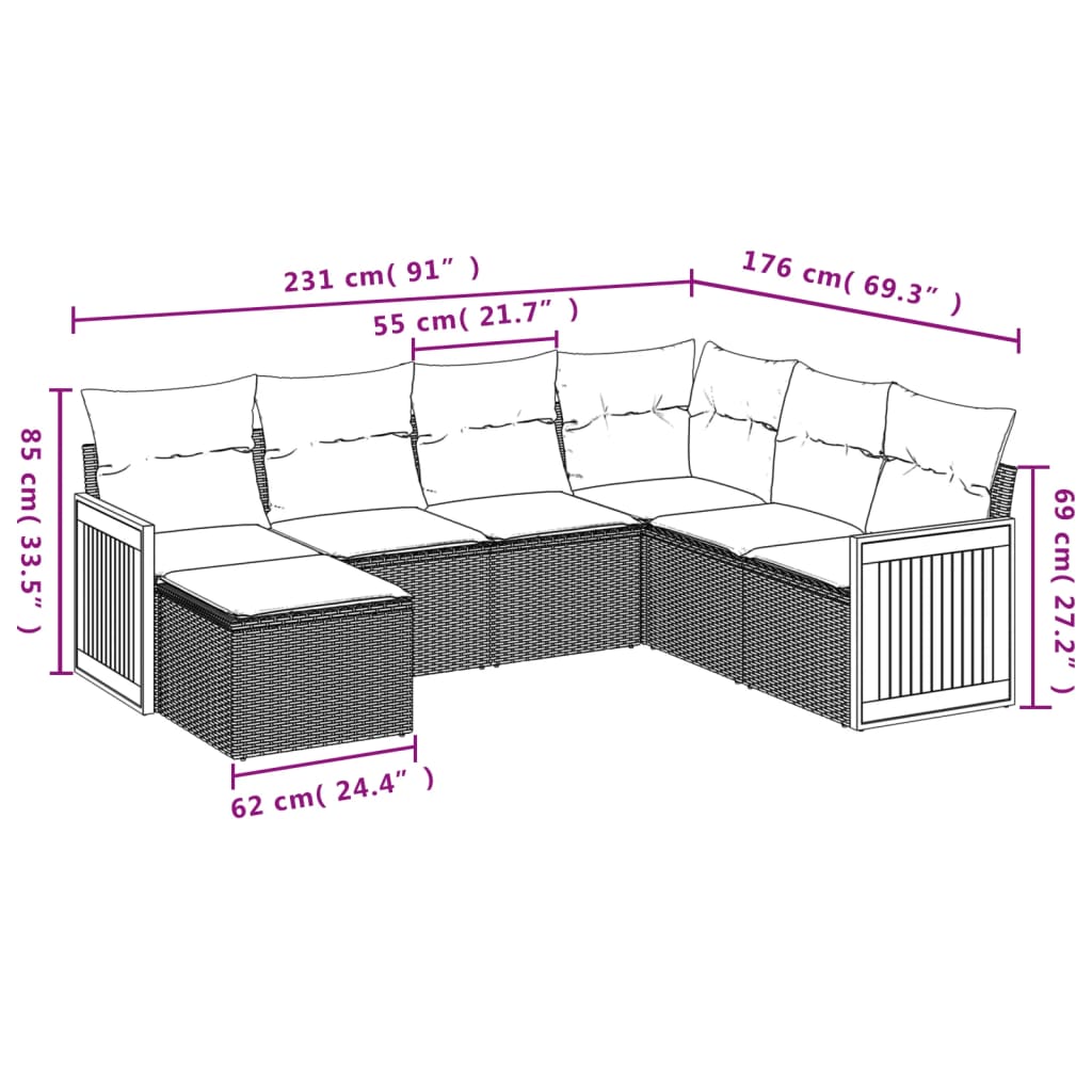 7 Pcs conjunto de sofás p/ jardim com almofadões vime PE bege