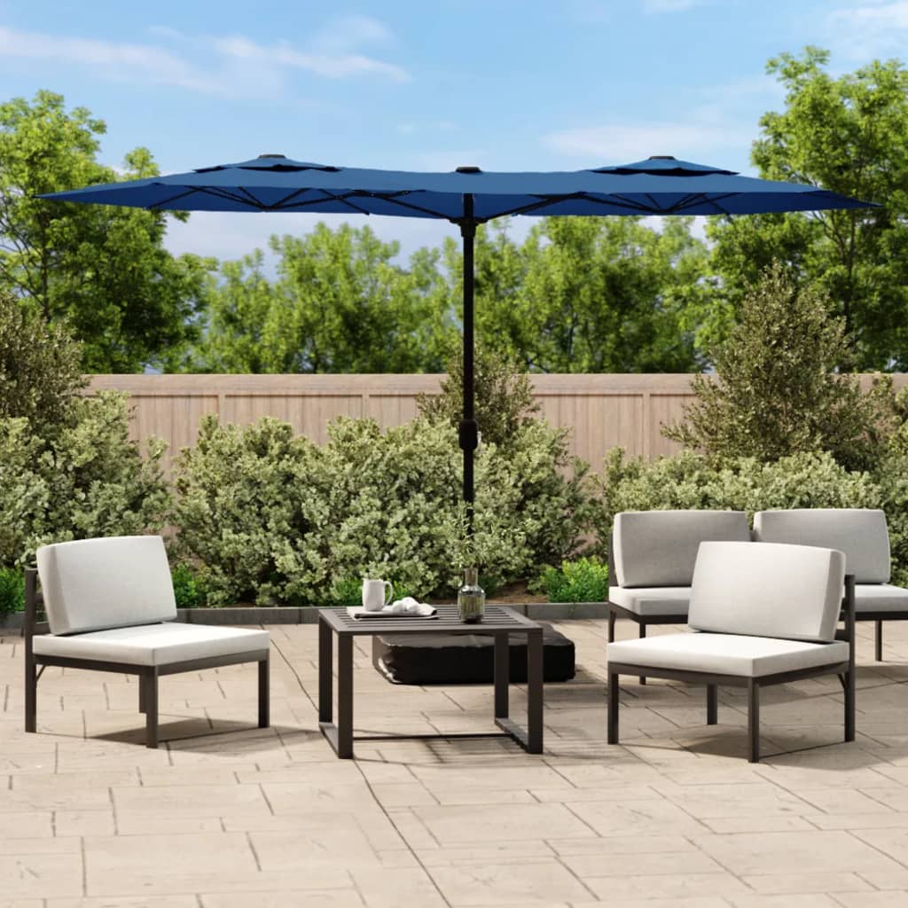 Guarda-sol de jardim c/ cabeça dupla/LED 316x145 cm azul-ciano