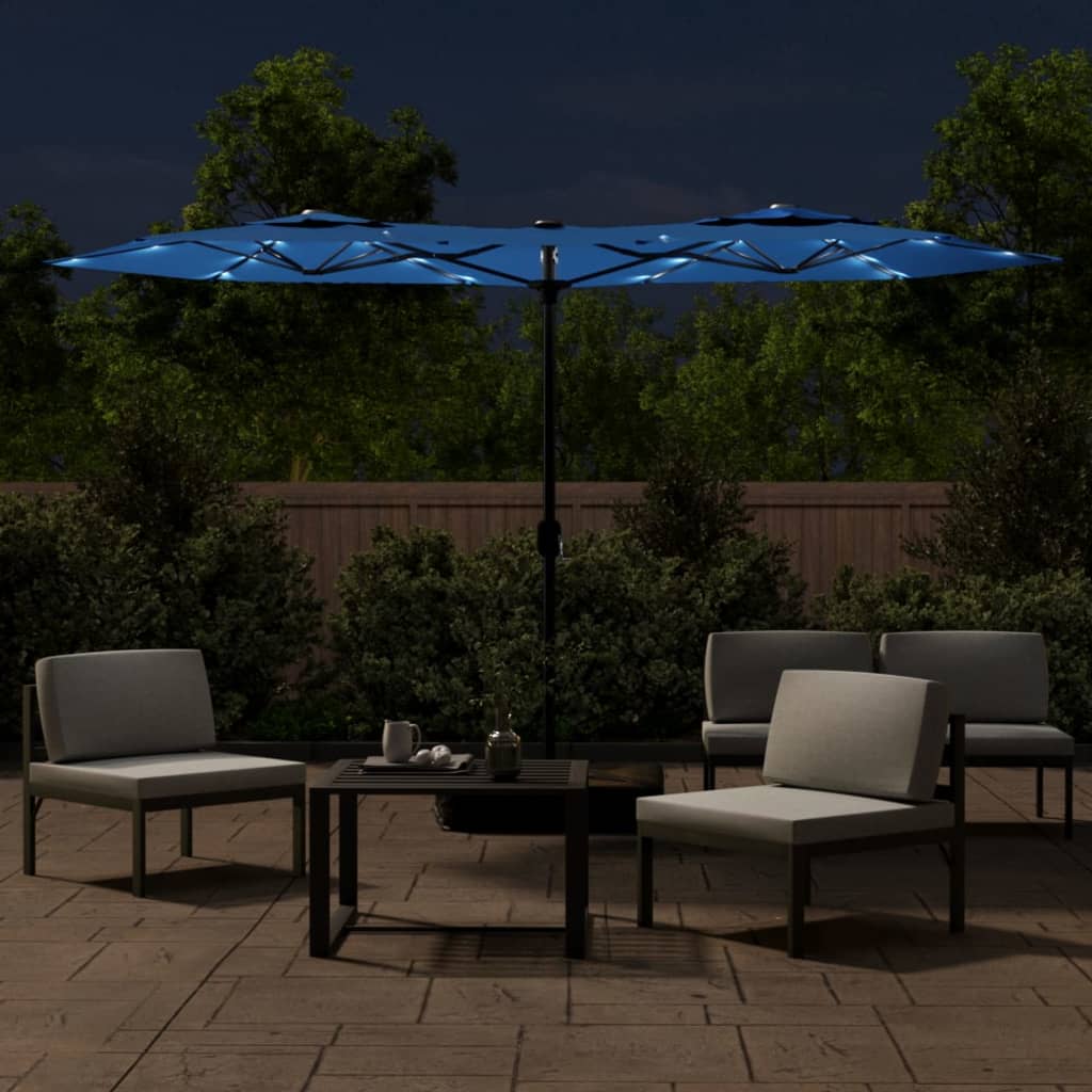 Guarda-sol de jardim c/ cabeça dupla/LED 316x145 cm azul-ciano