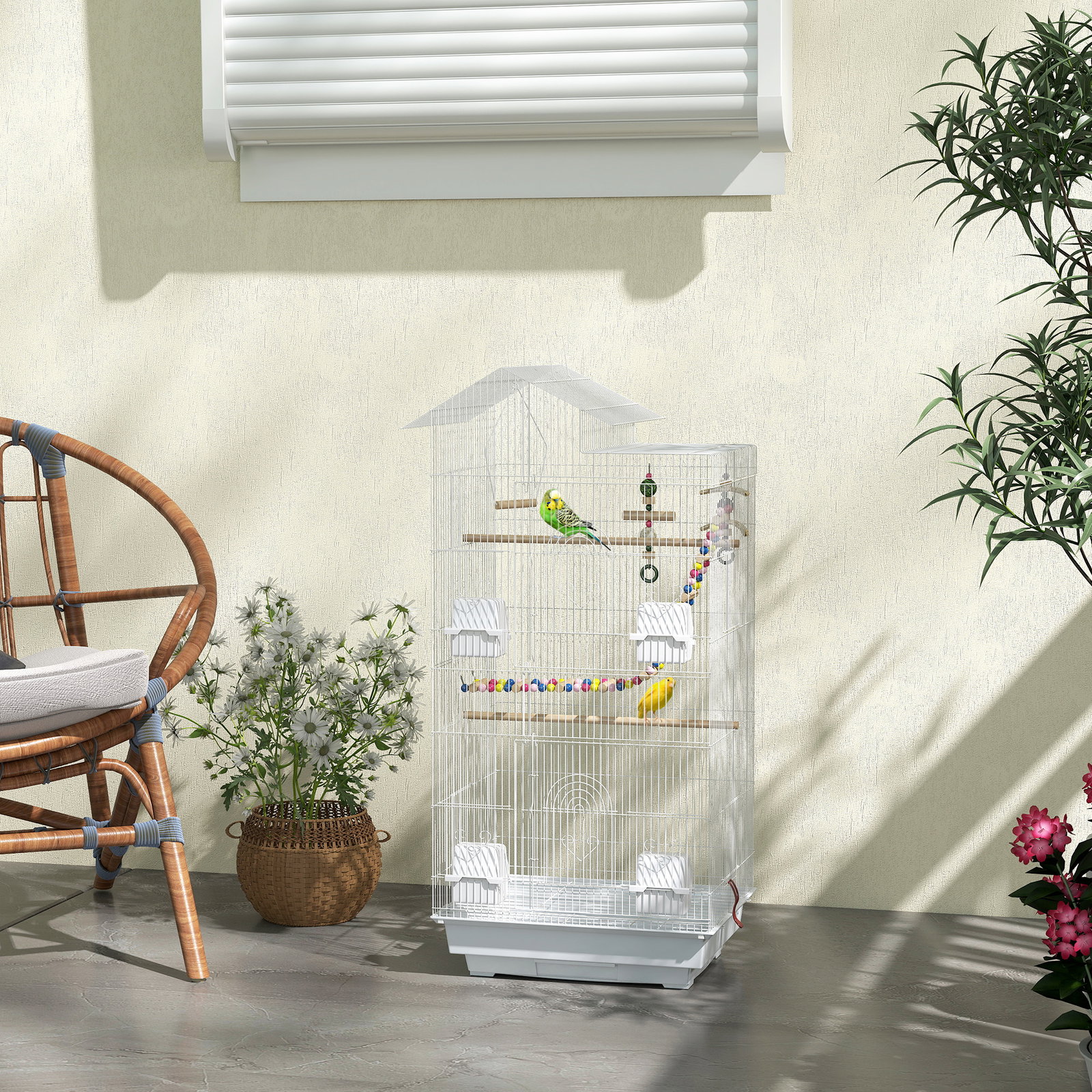 Gaiola para passáros de metal com portas 4 comedouros 3 poleiros baloiço escadas e bandeja removível 46x36x100 cm branco