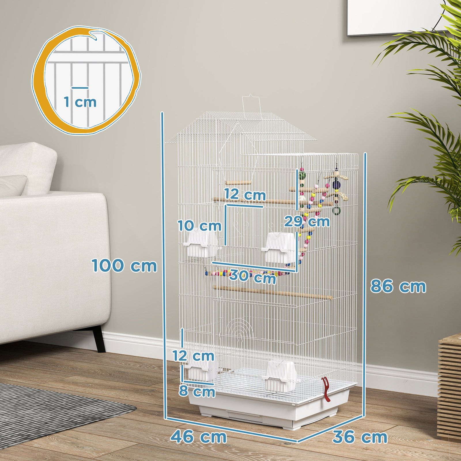 Gaiola para passáros de metal com portas 4 comedouros 3 poleiros baloiço escadas e bandeja removível 46x36x100 cm branco