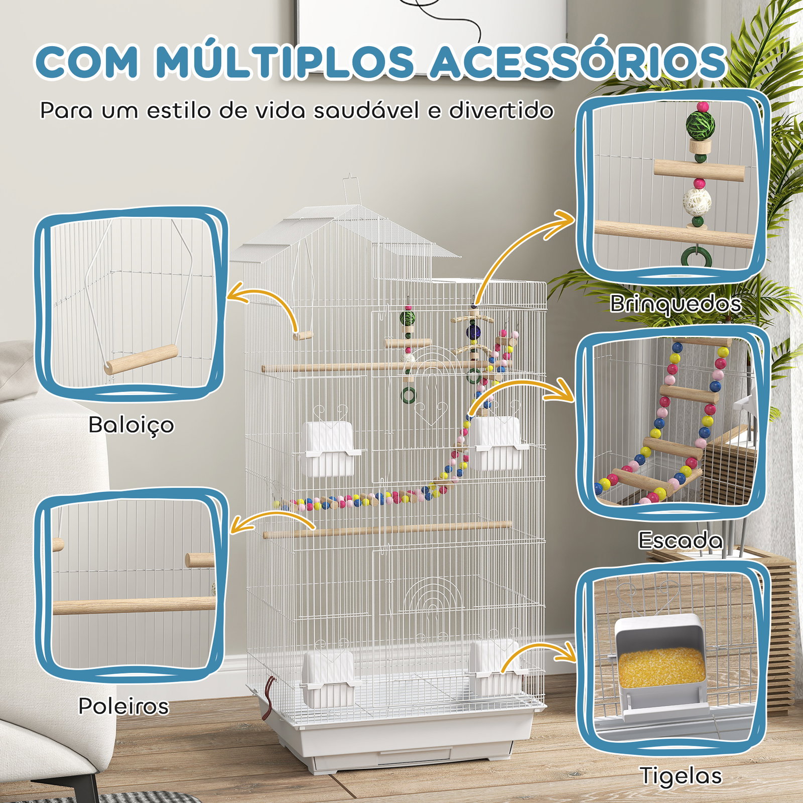 Gaiola para passáros de metal com portas 4 comedouros 3 poleiros baloiço escadas e bandeja removível 46x36x100 cm branco