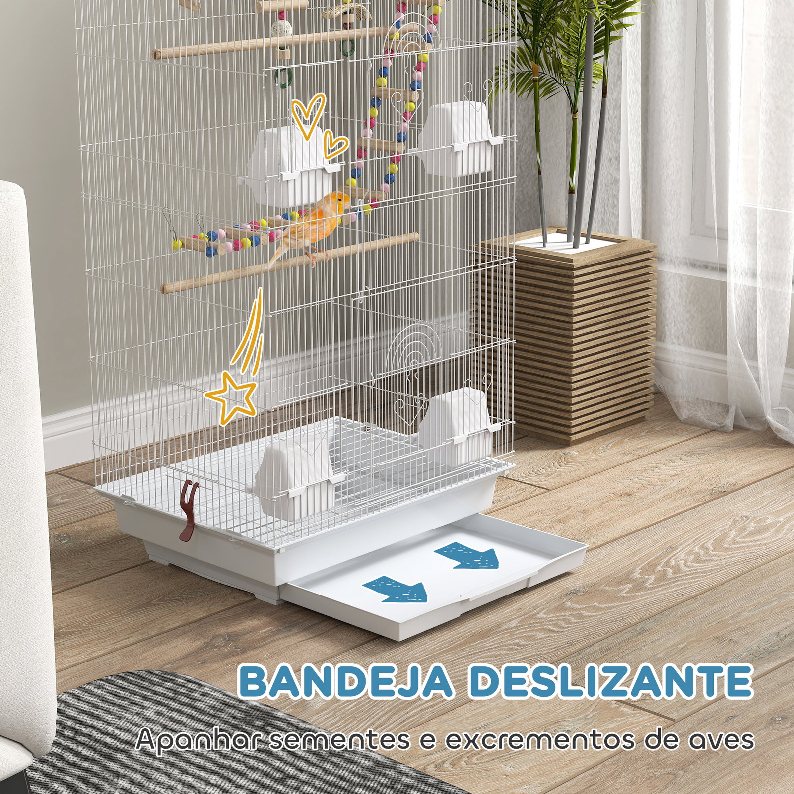 Gaiola para passáros de metal com portas 4 comedouros 3 poleiros baloiço escadas e bandeja removível 46x36x100 cm branco