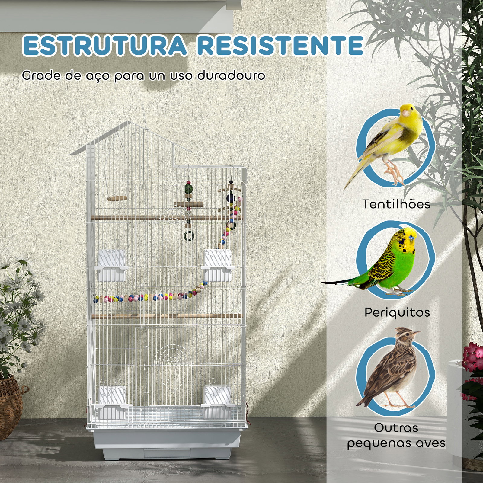 Gaiola para passáros de metal com portas 4 comedouros 3 poleiros baloiço escadas e bandeja removível 46x36x100 cm branco