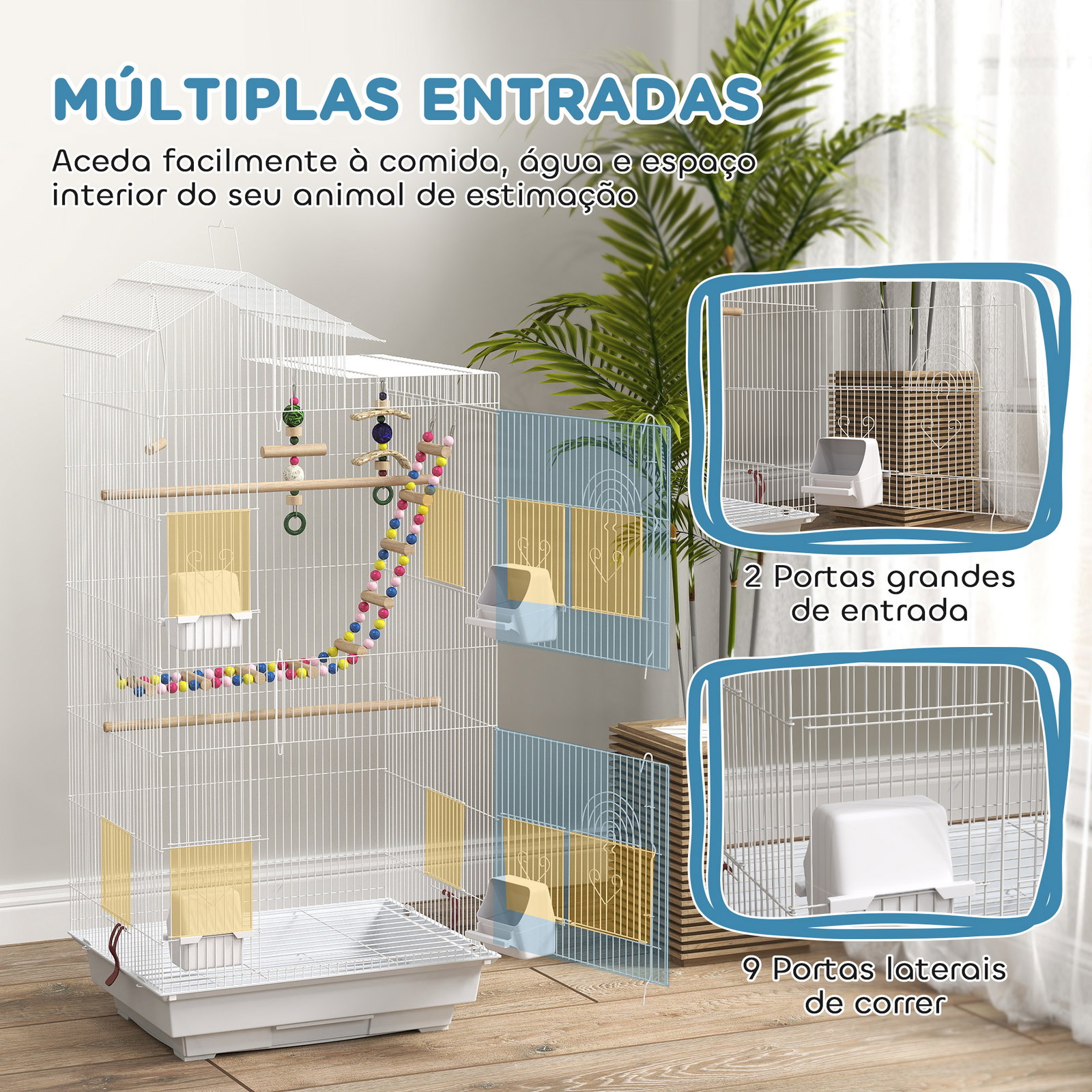 Gaiola para passáros de metal com portas 4 comedouros 3 poleiros baloiço escadas e bandeja removível 46x36x100 cm branco