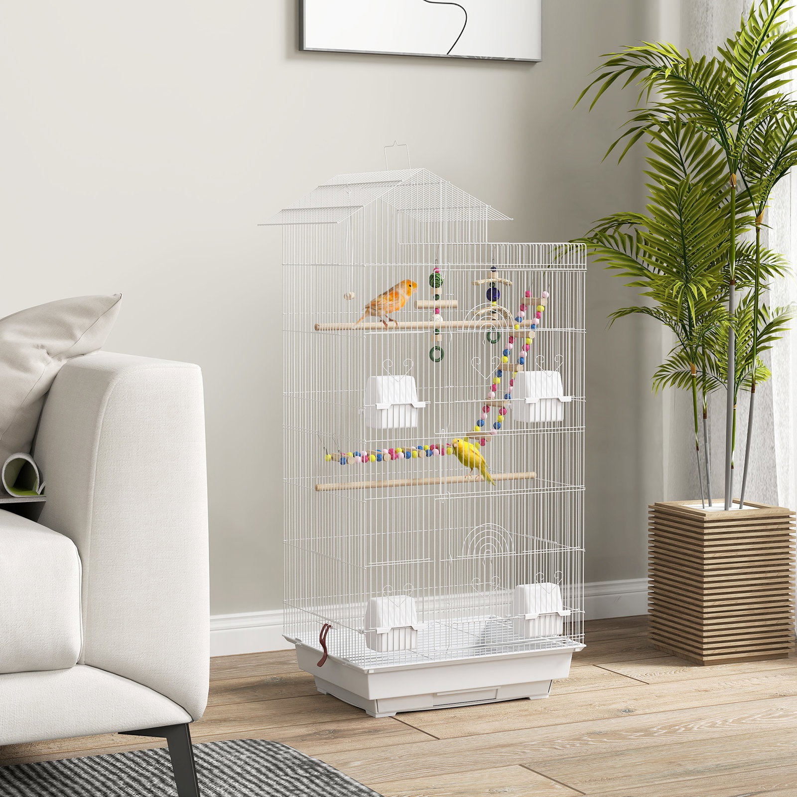 Gaiola para passáros de metal com portas 4 comedouros 3 poleiros baloiço escadas e bandeja removível 46x36x100 cm branco