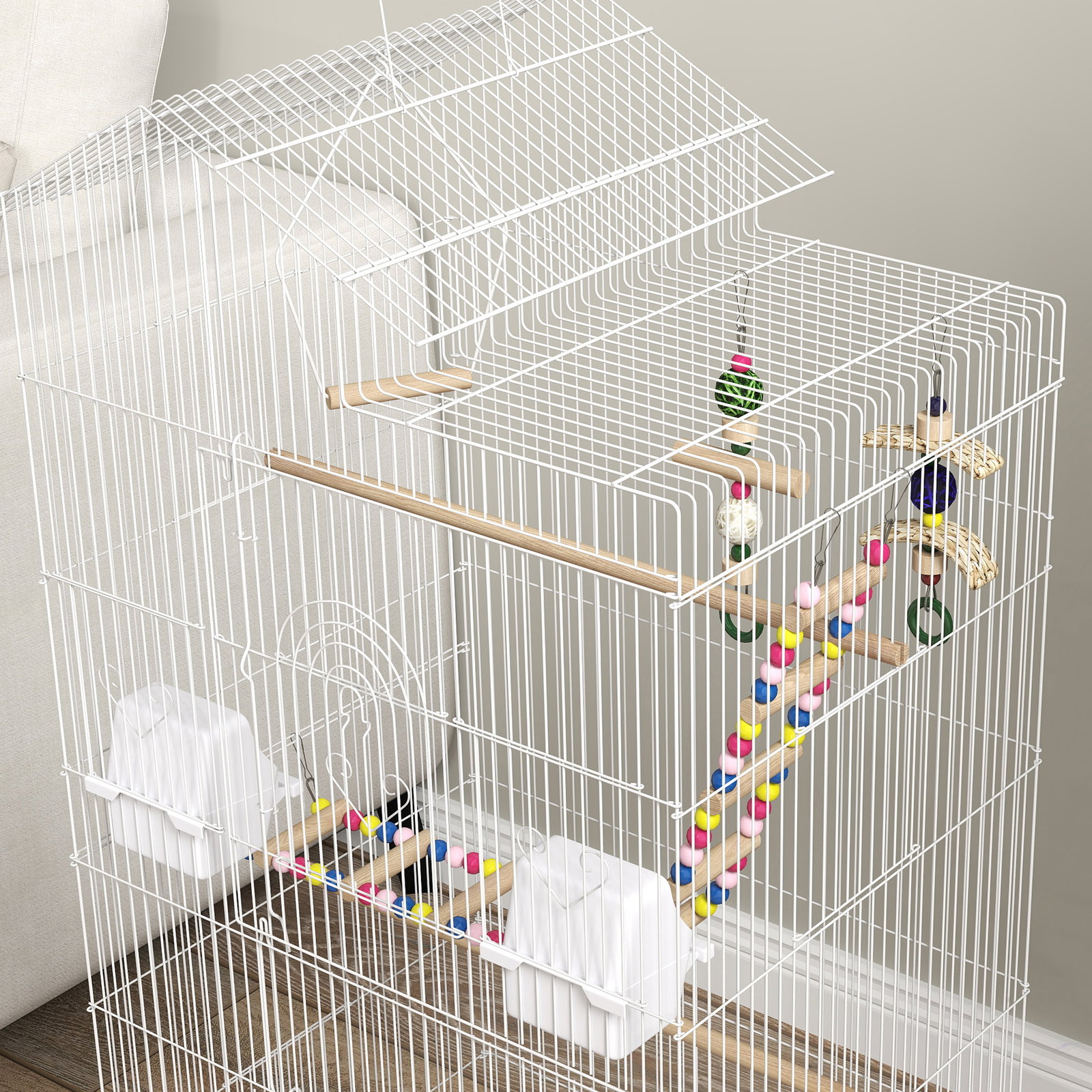 Gaiola para passáros de metal com portas 4 comedouros 3 poleiros baloiço escadas e bandeja removível 46x36x100 cm branco