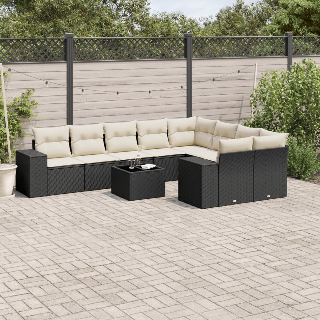 10 Pcs conjunto sofás de jardim c/ almofadões vime PE preto