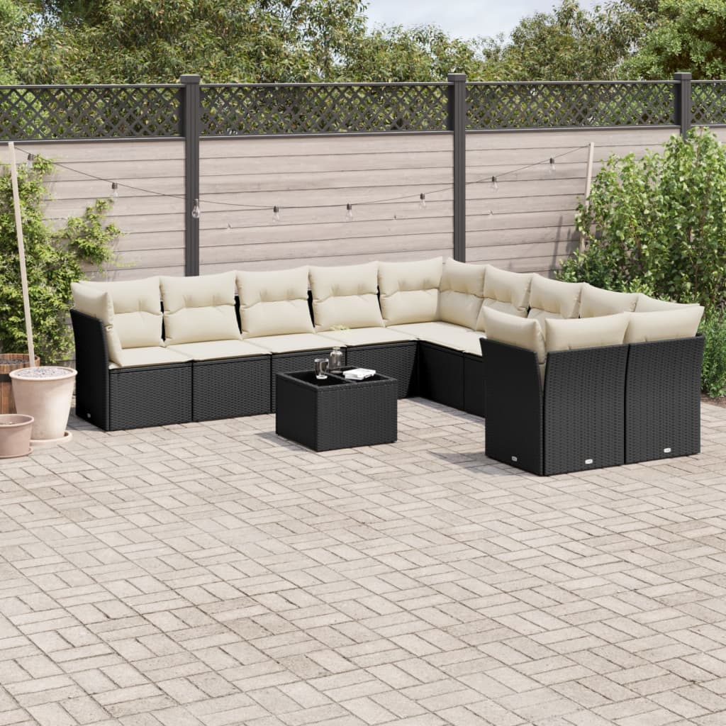 11 Pcs conjunto sofás de jardim c/ almofadões vime PE preto
