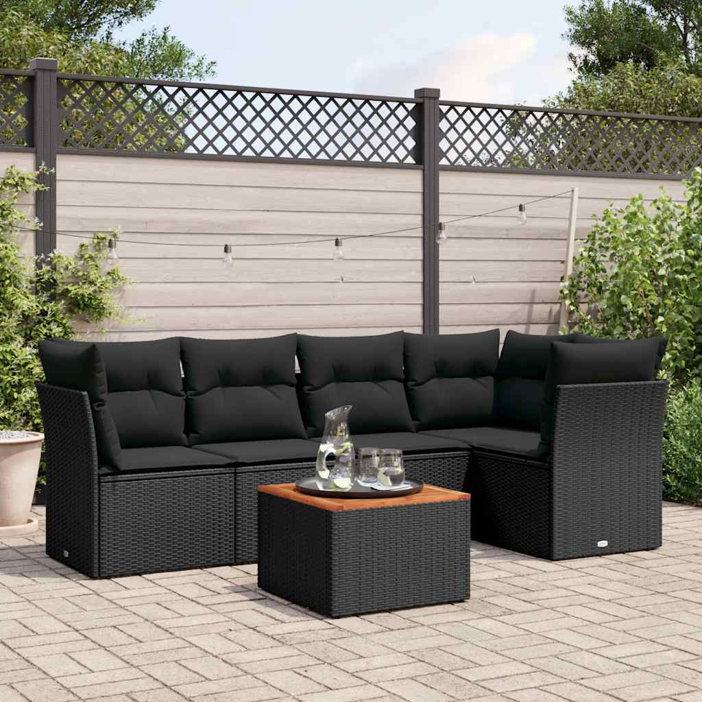6 Pcs conjunto sofás de jardim c/ almofadões vime PE preto