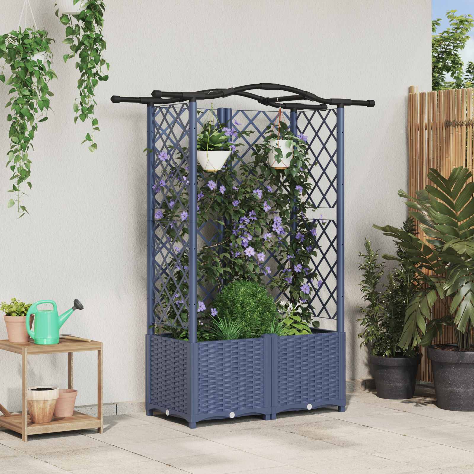 Cama elevada com treliça e telhado cinzento 122 x 40 x 138 cm
