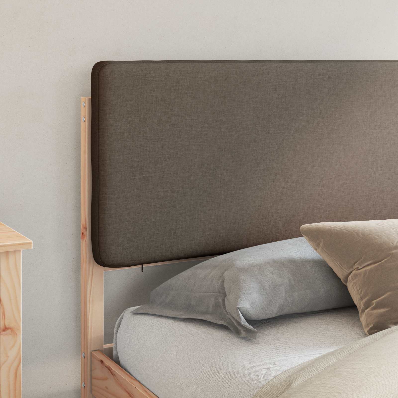 Estrutura de cama com cabeceira estofada cinzento-acastanhado