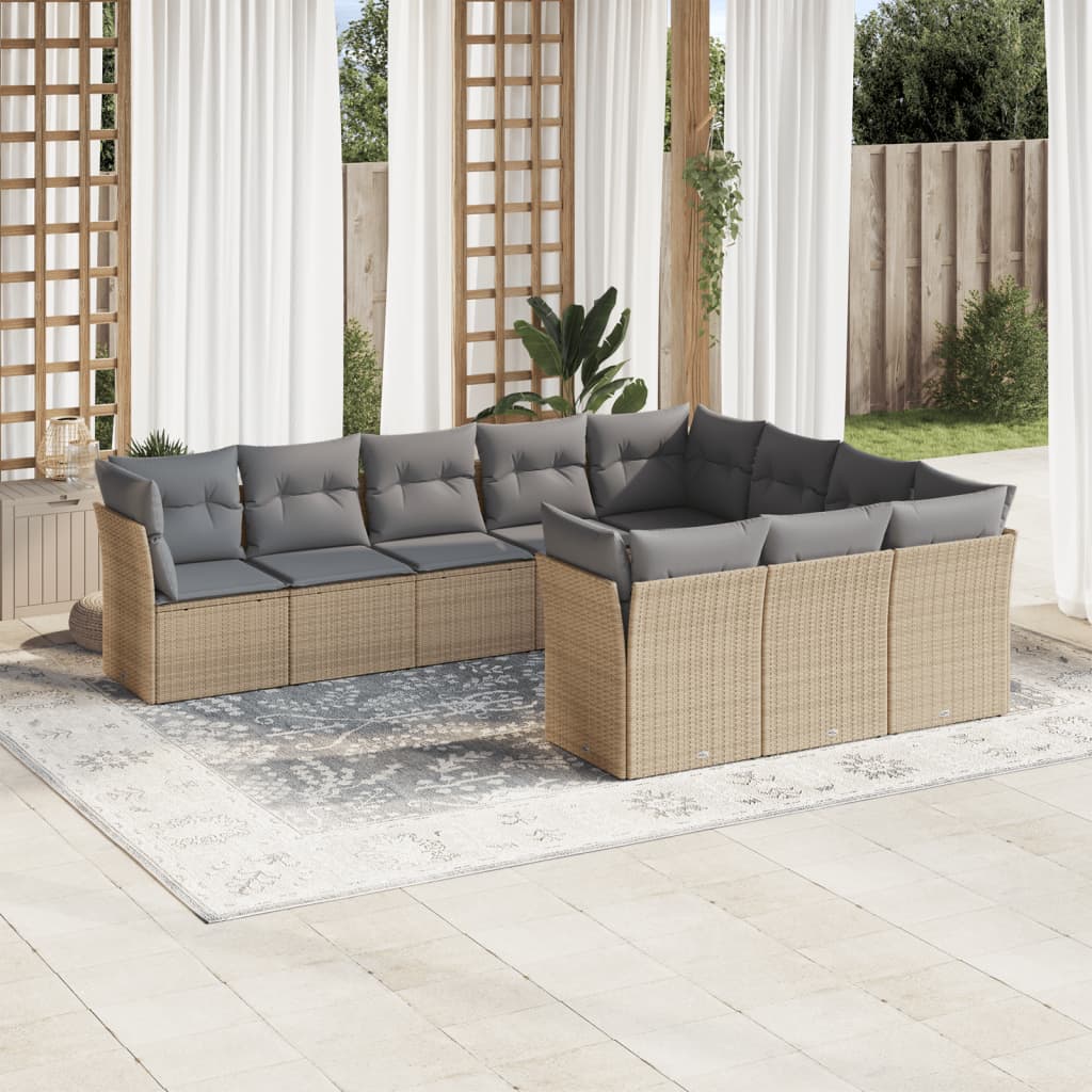 10 Pcs conjunto de sofás p/ jardim com almofadões vime PE bege
