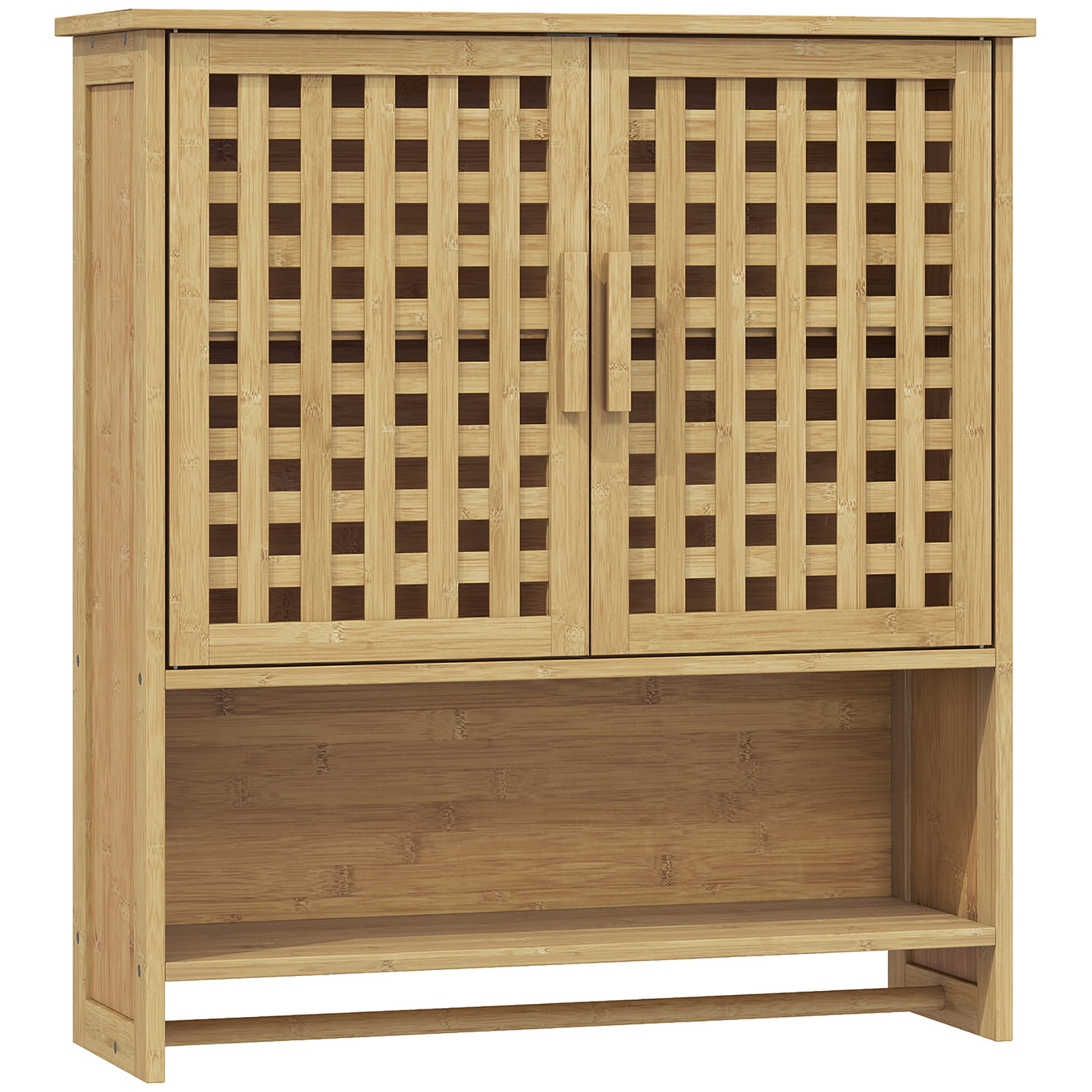 Armário de casa de banho de parede em bambu com 2 portas ripadas, prateleira aberta e ajustável natural