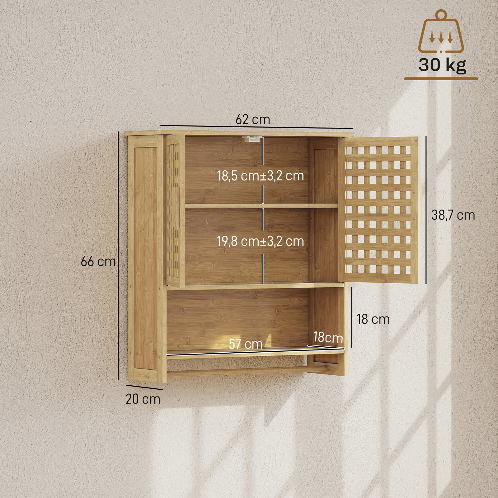 Armário de casa de banho de parede em bambu com 2 portas ripadas, prateleira aberta e ajustável natural