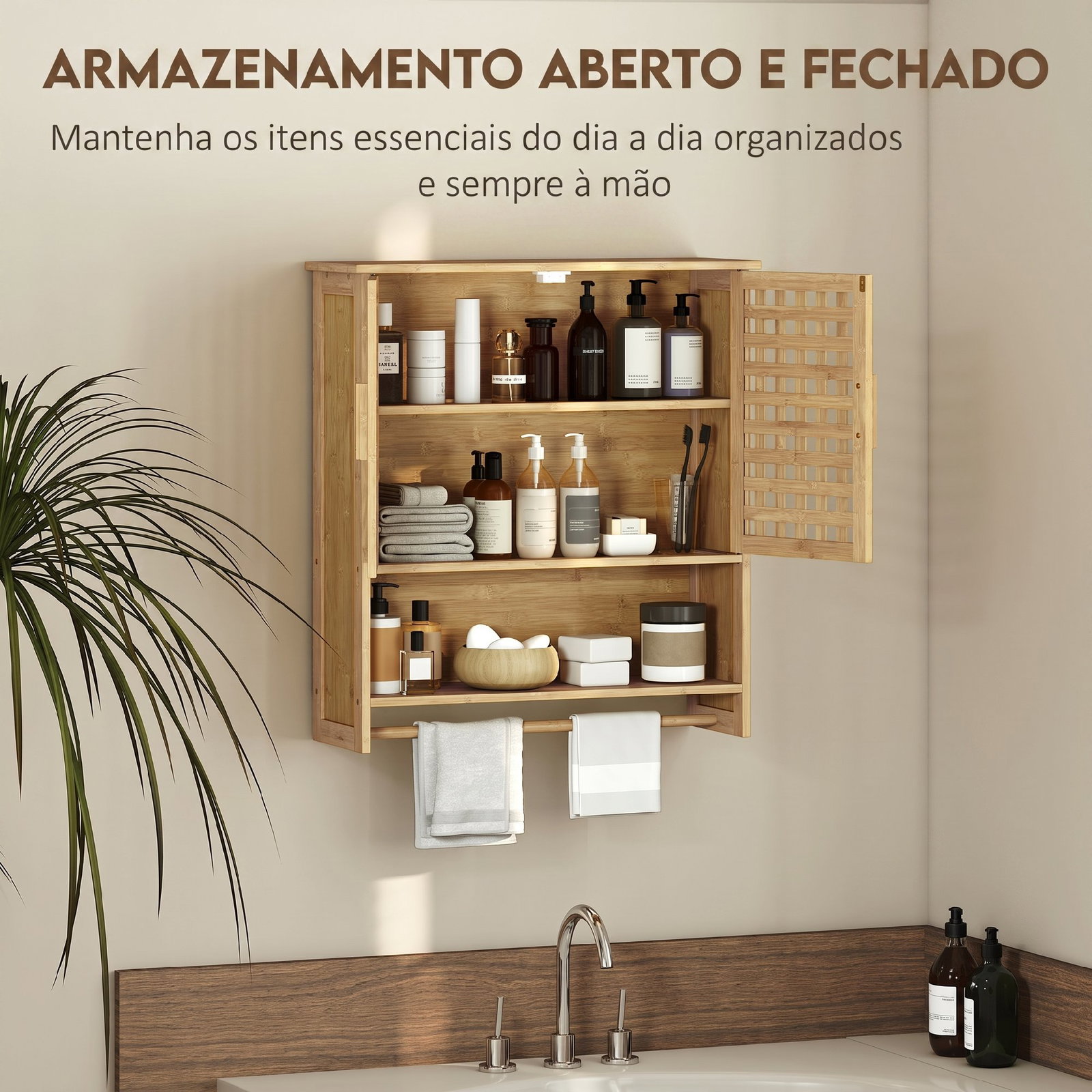 Armário de casa de banho de parede em bambu com 2 portas ripadas, prateleira aberta e ajustável natural