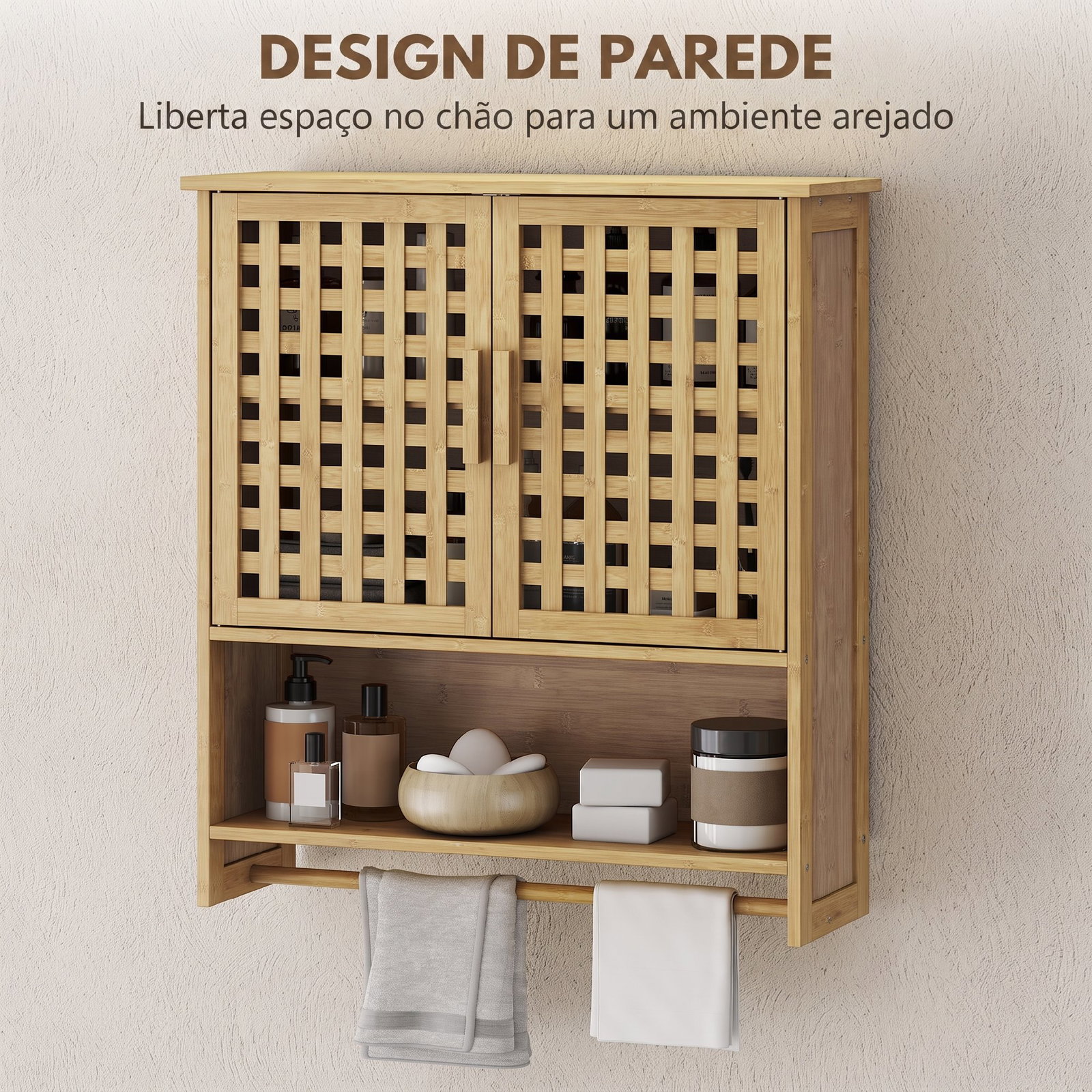 Armário de casa de banho de parede em bambu com 2 portas ripadas, prateleira aberta e ajustável natural