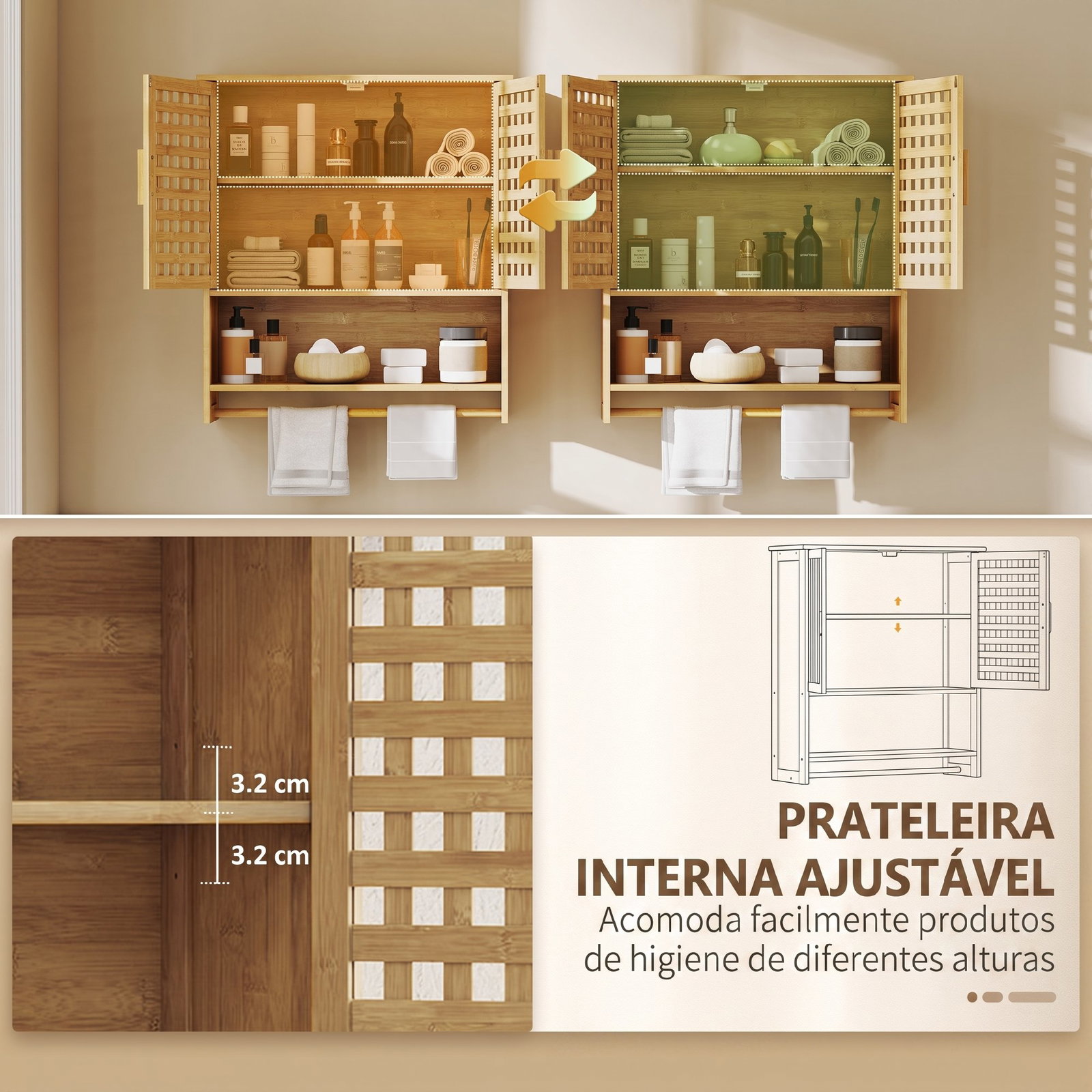 Armário de casa de banho de parede em bambu com 2 portas ripadas, prateleira aberta e ajustável natural