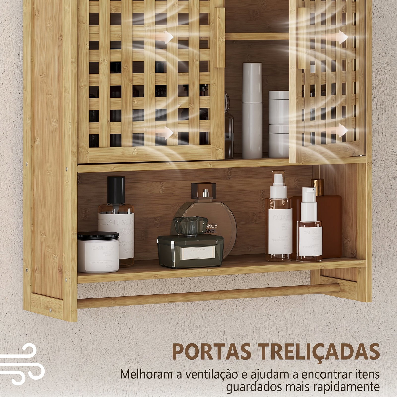 Armário de casa de banho de parede em bambu com 2 portas ripadas, prateleira aberta e ajustável natural