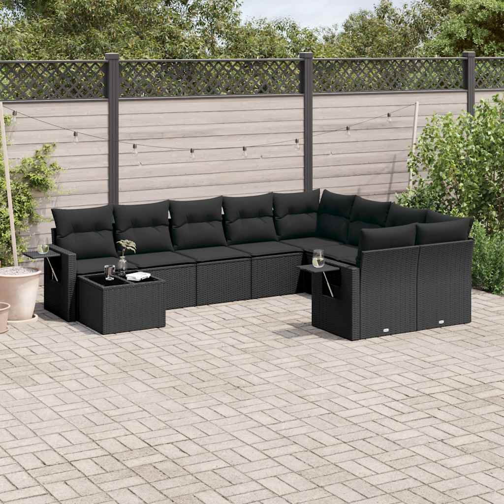 10 Pcs conjunto sofás de jardim c/ almofadões vime PE preto