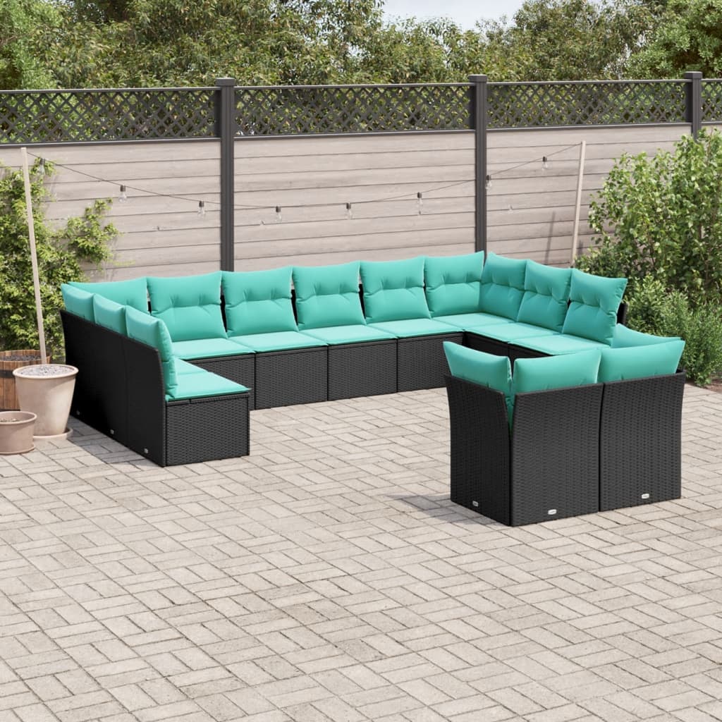 Conjunto de sofá de jardim com 12 peças e almofadas em rattan sintético preto