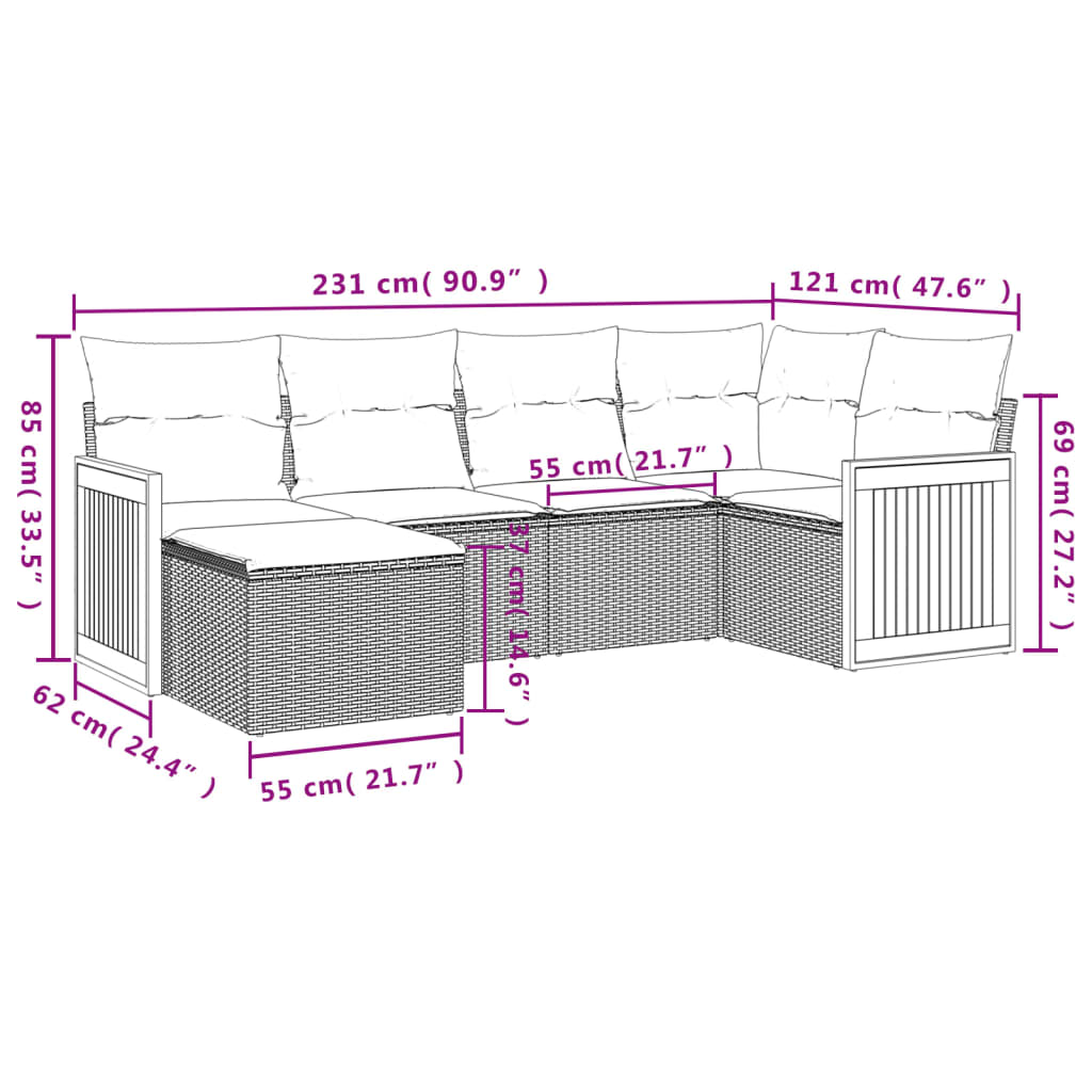 6 Pcs conjunto de sofás p/ jardim com almofadões vime PE bege
