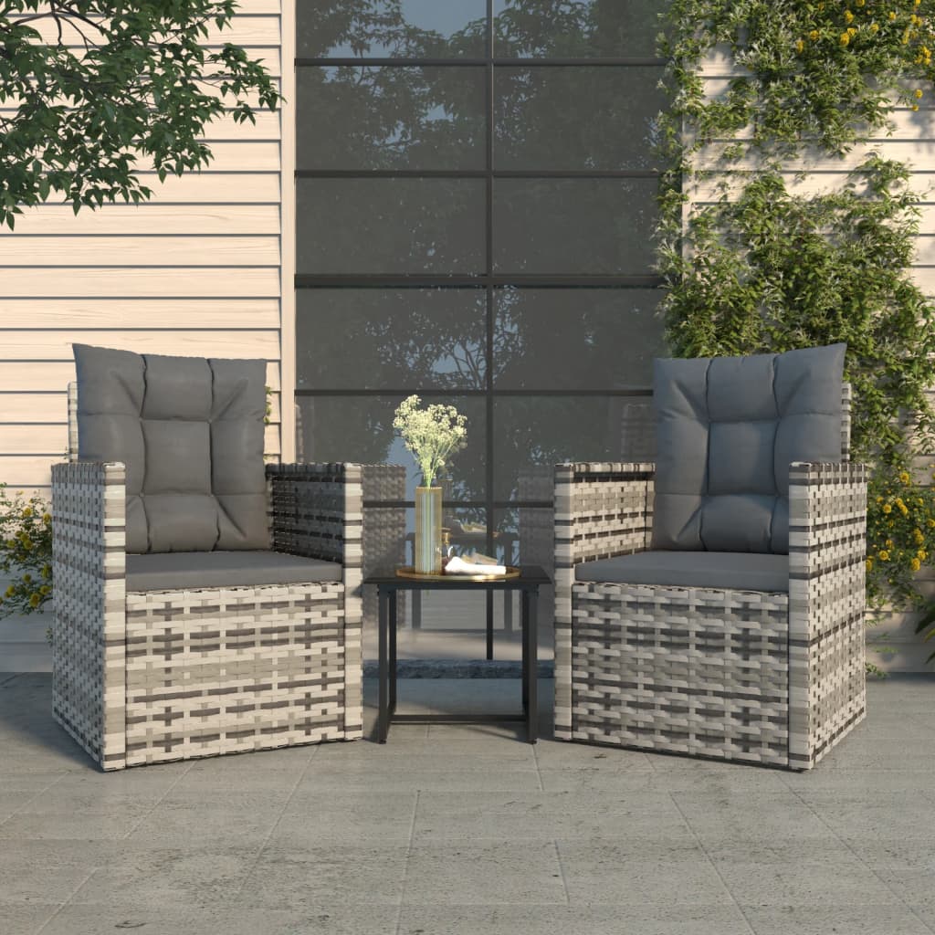 3 Pcs conjunto lounge exterior c/ almofadões vime PE cinzento