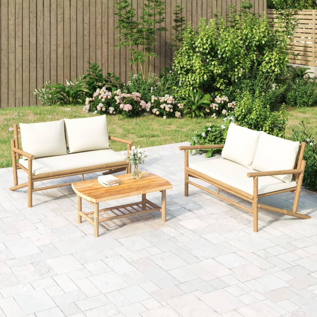 3 Pcs conjunto lounge de jardim bambu c/ almofadões branco nata