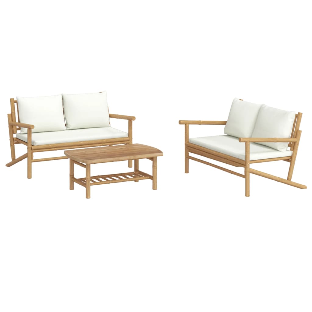 3 Pcs conjunto lounge de jardim bambu c/ almofadões branco nata